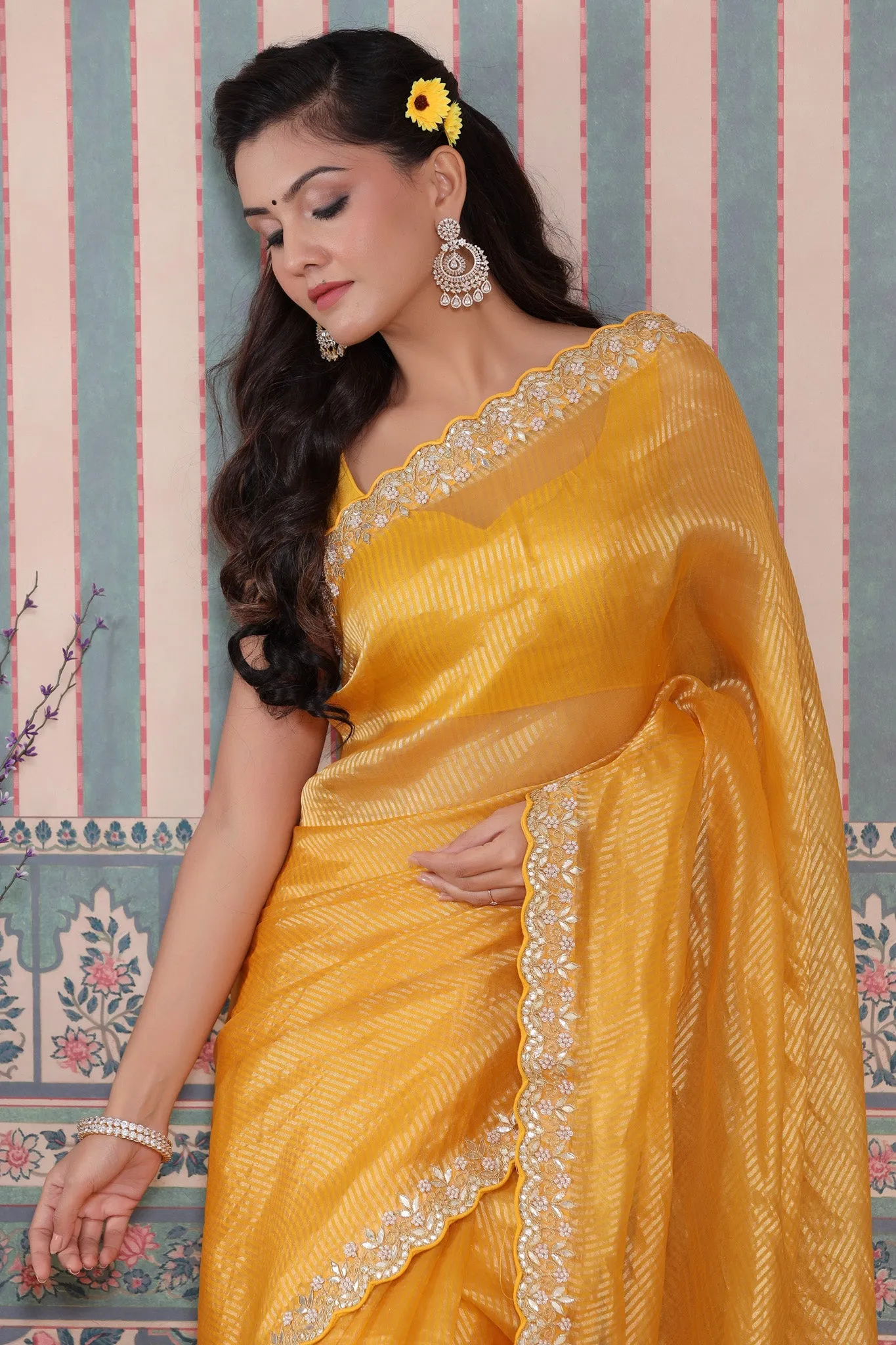 90Z581-NRO Yellow Embroidered Tissue Silk Banarasi Saree