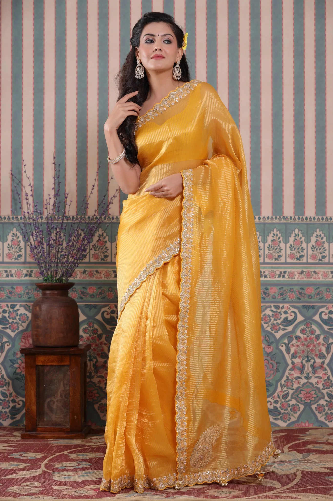 90Z581-NRO Yellow Embroidered Tissue Silk Banarasi Saree