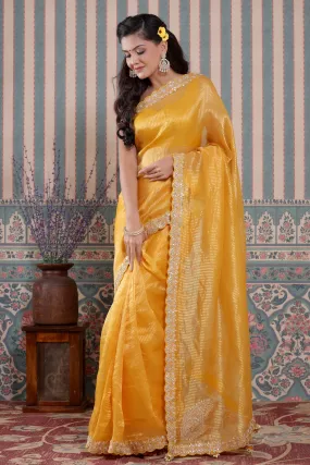 90Z581-NRO Yellow Embroidered Tissue Silk Banarasi Saree