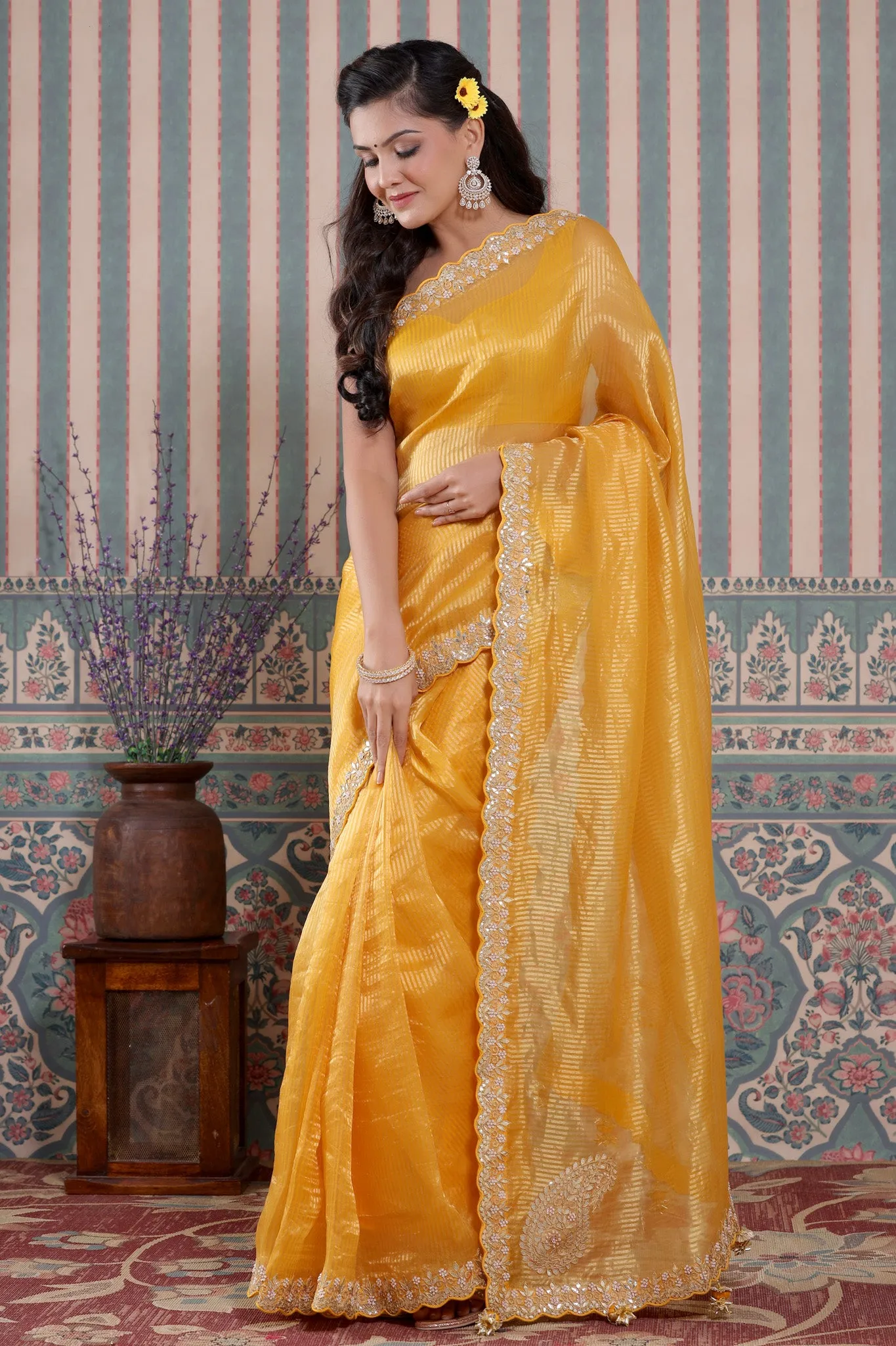 90Z581-NRO Yellow Embroidered Tissue Silk Banarasi Saree