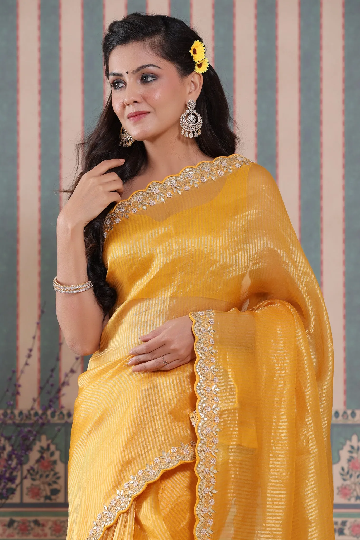 90Z581-NRO Yellow Embroidered Tissue Silk Banarasi Saree