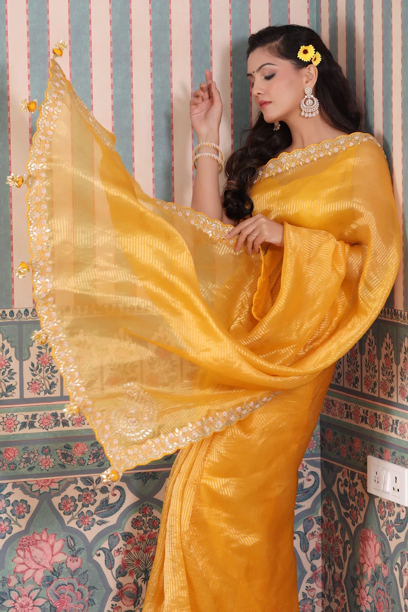 90Z581-NRO Yellow Embroidered Tissue Silk Banarasi Saree