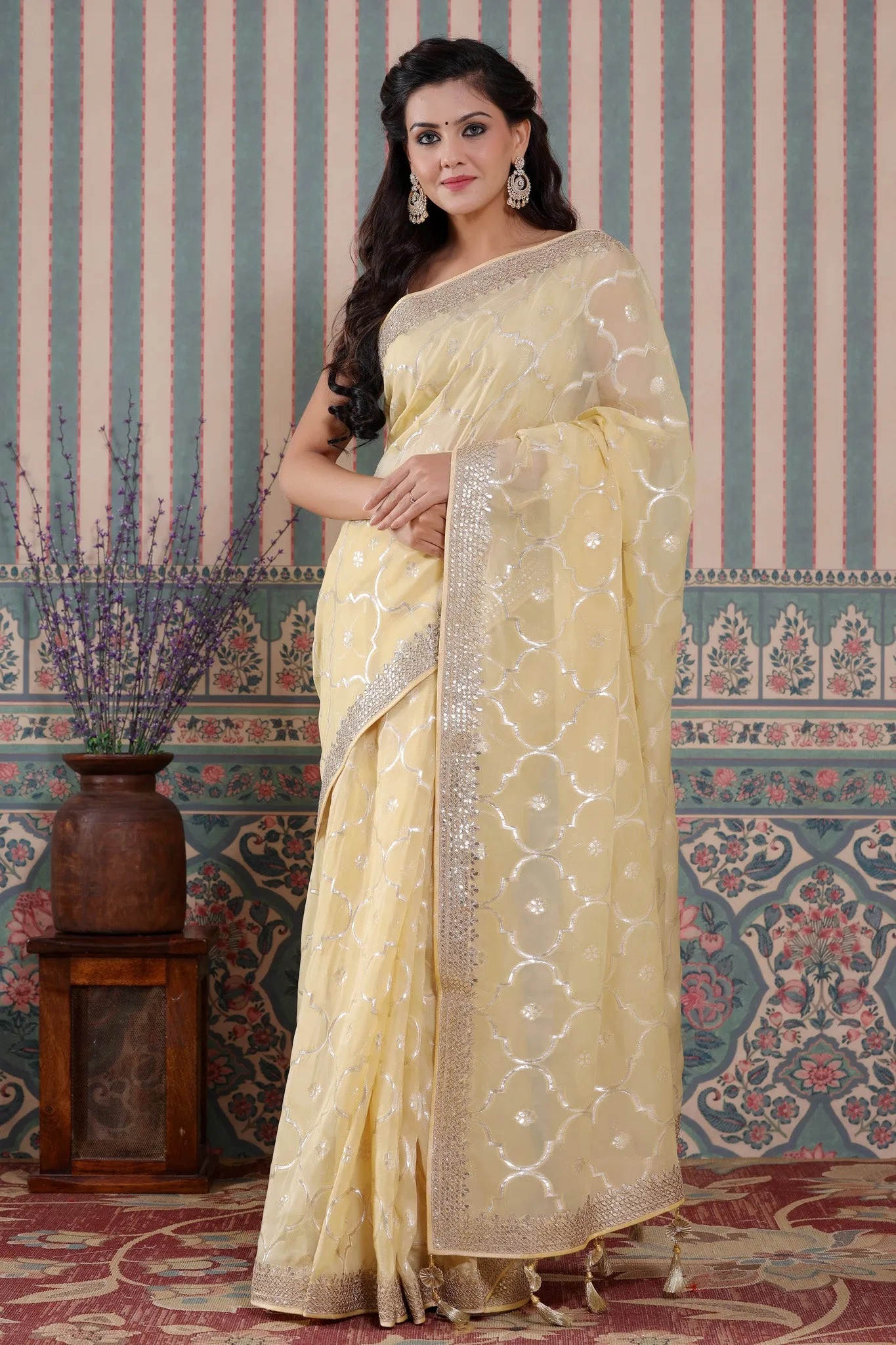 90Z588-NRO Lemon Yellow Organza Silk Saree with Embroidered Border