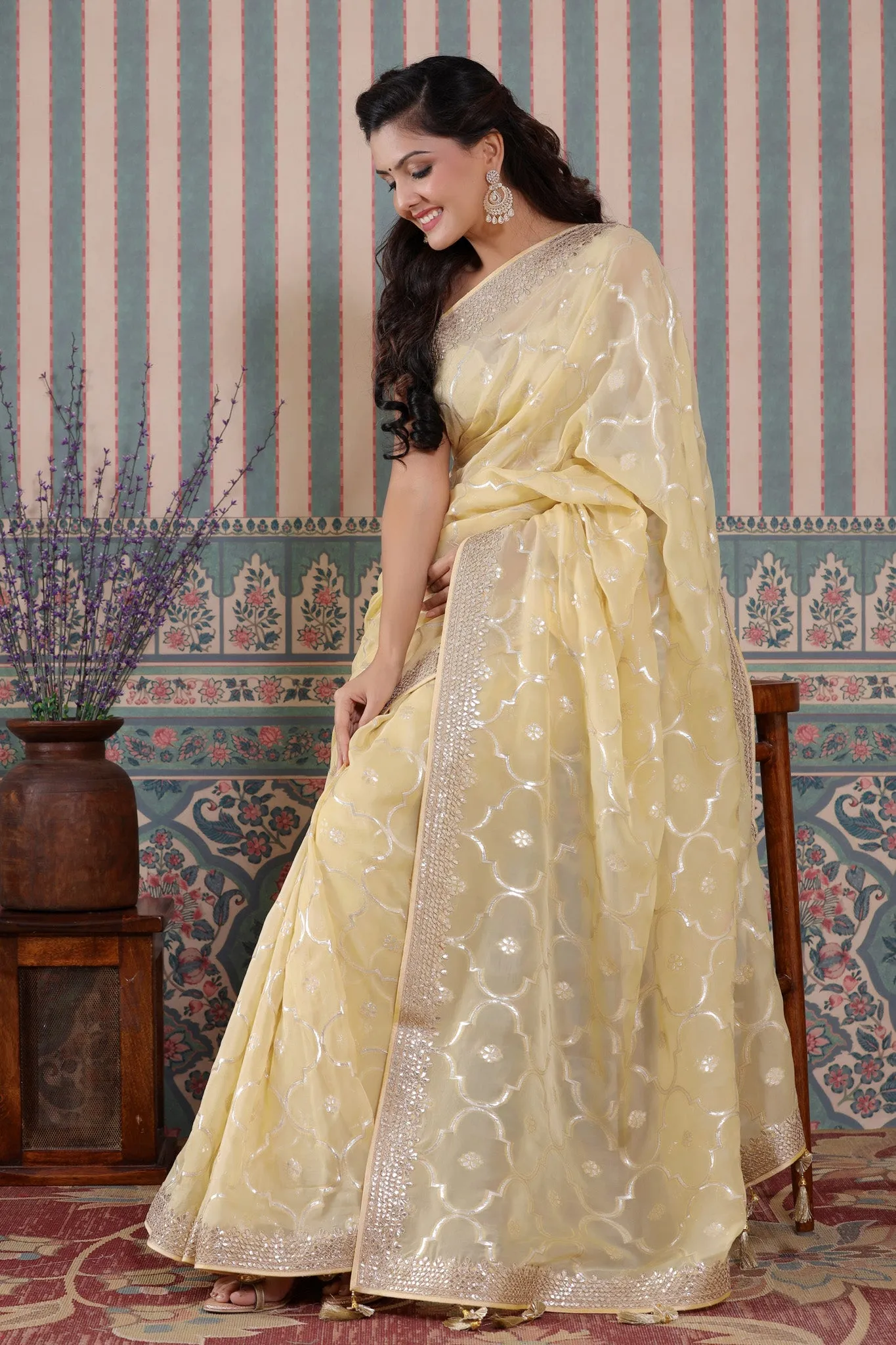 90Z588-NRO Lemon Yellow Organza Silk Saree with Embroidered Border