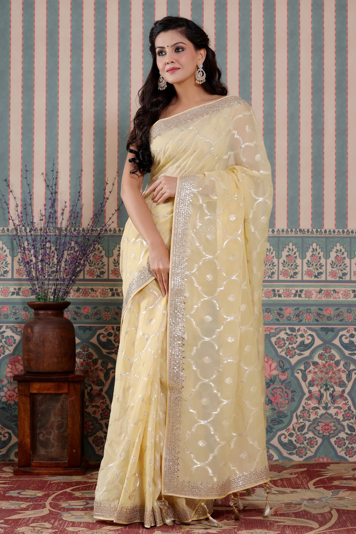 90Z588-NRO Lemon Yellow Organza Silk Saree with Embroidered Border