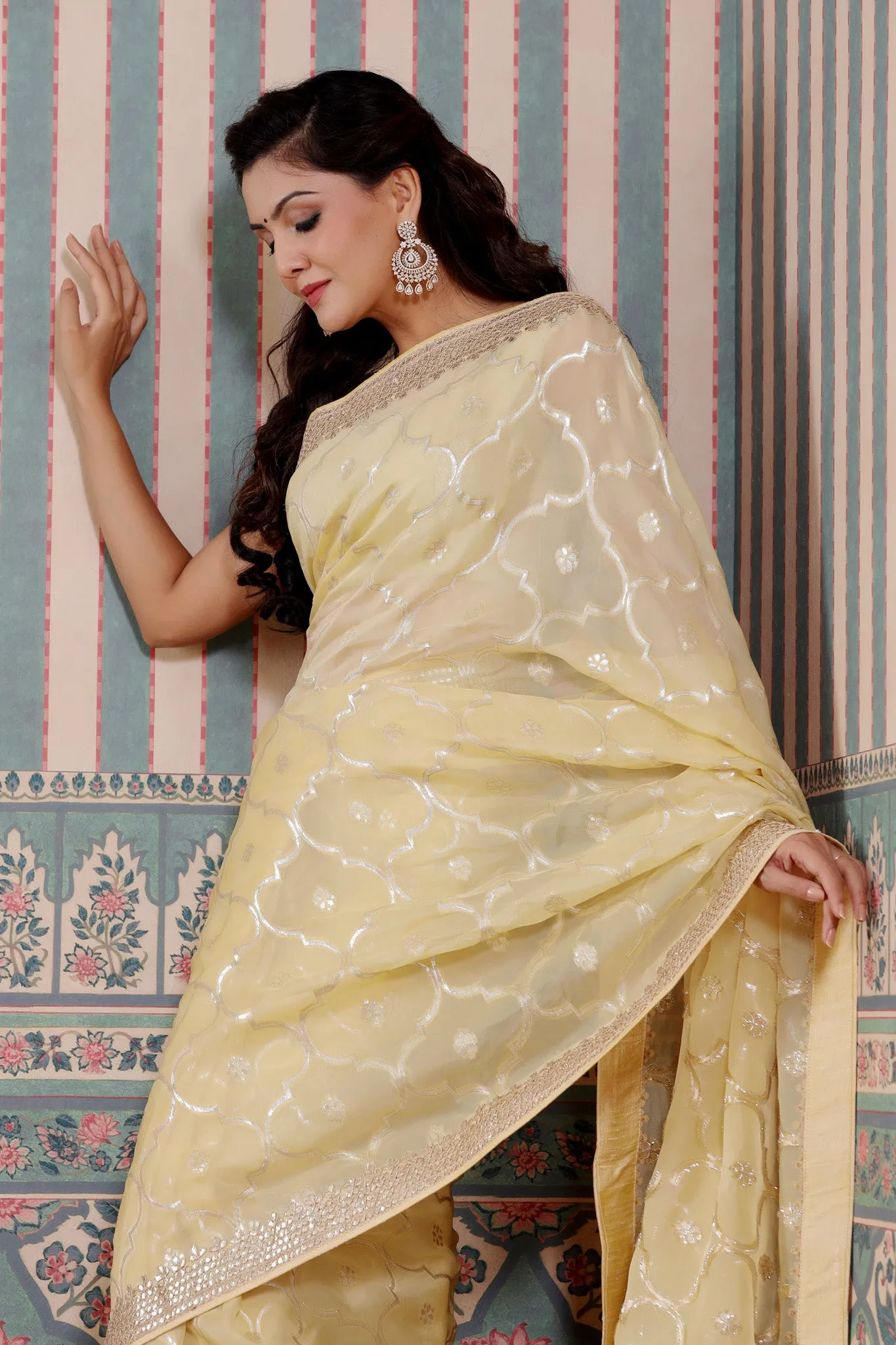 90Z588-NRO Lemon Yellow Organza Silk Saree with Embroidered Border