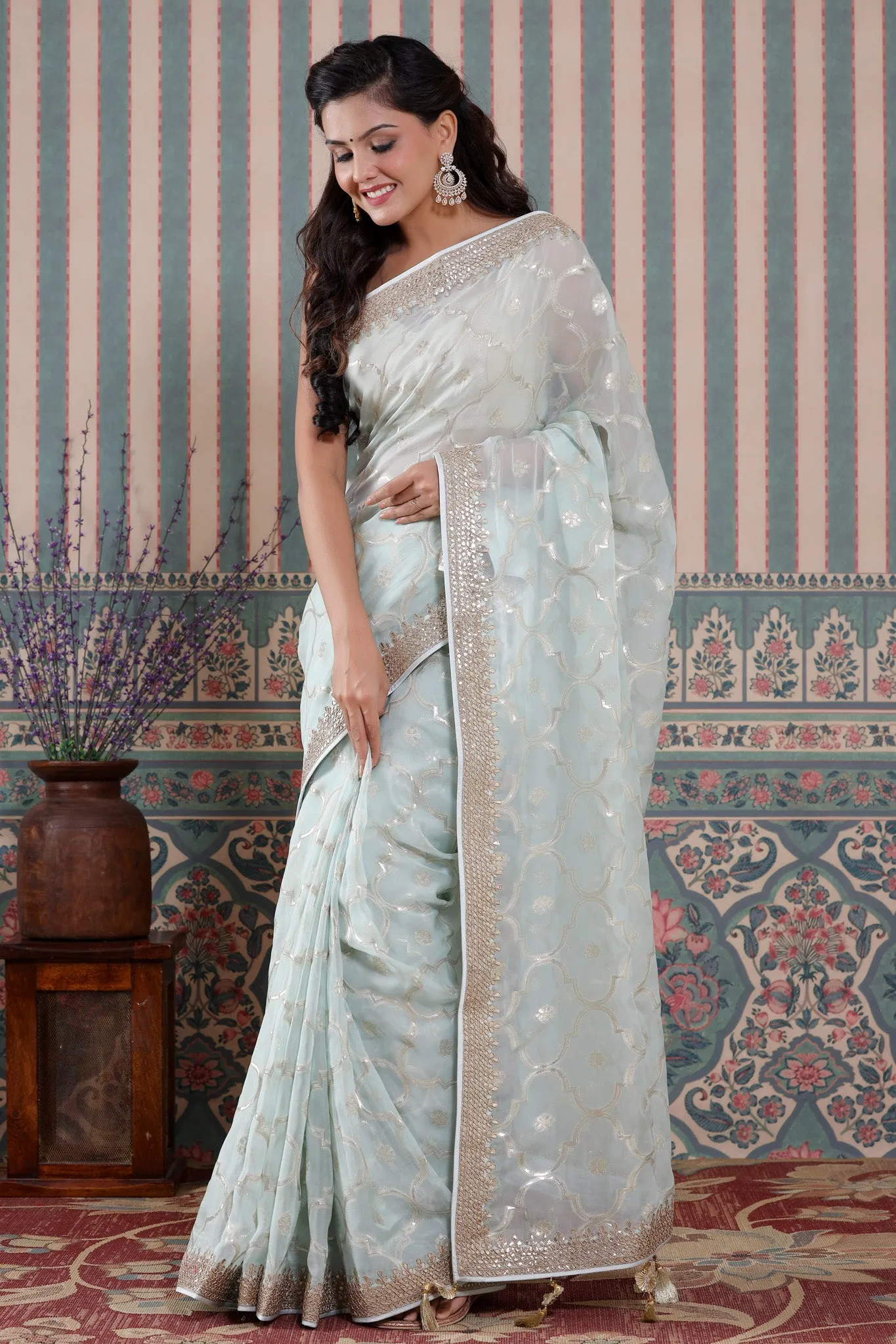 90Z590-NRO Powder Blue Organza Silk Saree with Embroidered Border