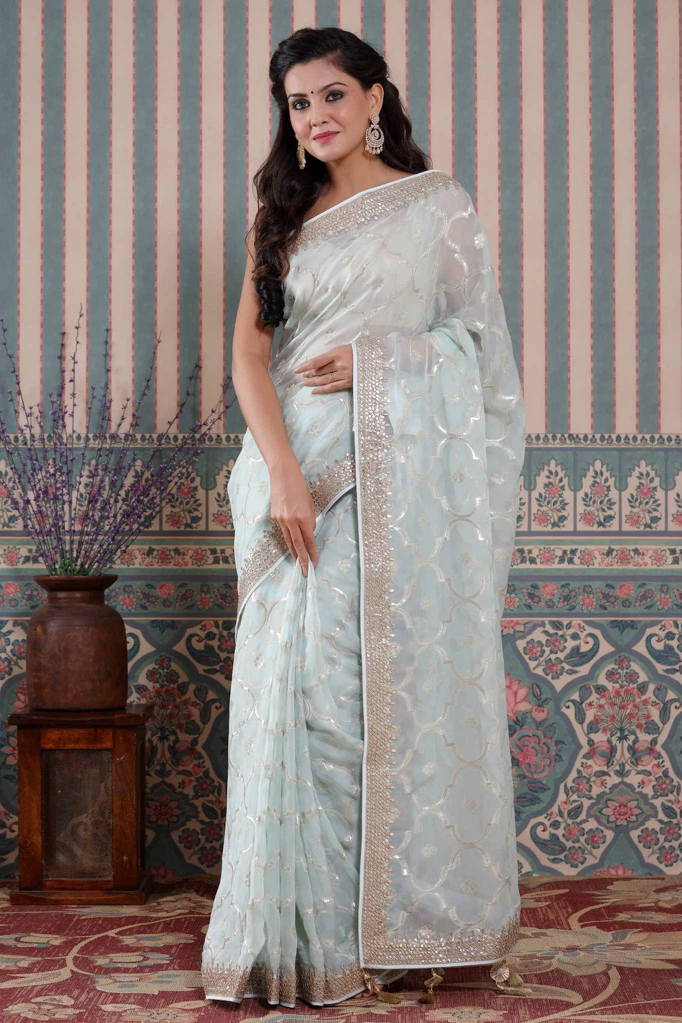 90Z590-NRO Powder Blue Organza Silk Saree with Embroidered Border