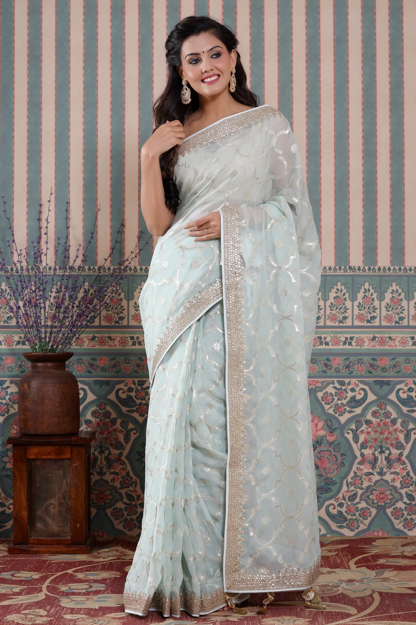 90Z590-NRO Powder Blue Organza Silk Saree with Embroidered Border