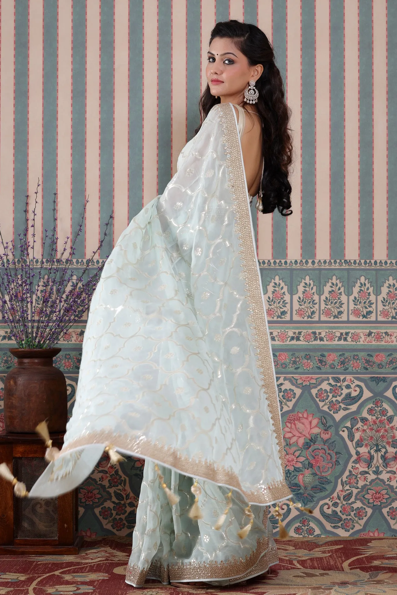 90Z590-NRO Powder Blue Organza Silk Saree with Embroidered Border