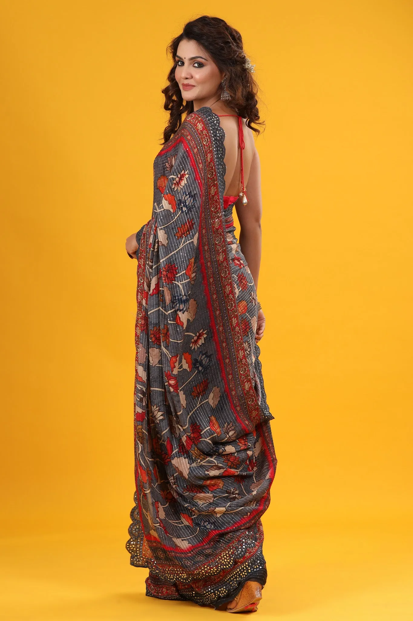 90Z607-RO Dark Grey Printed Embroidered Georgette Saree