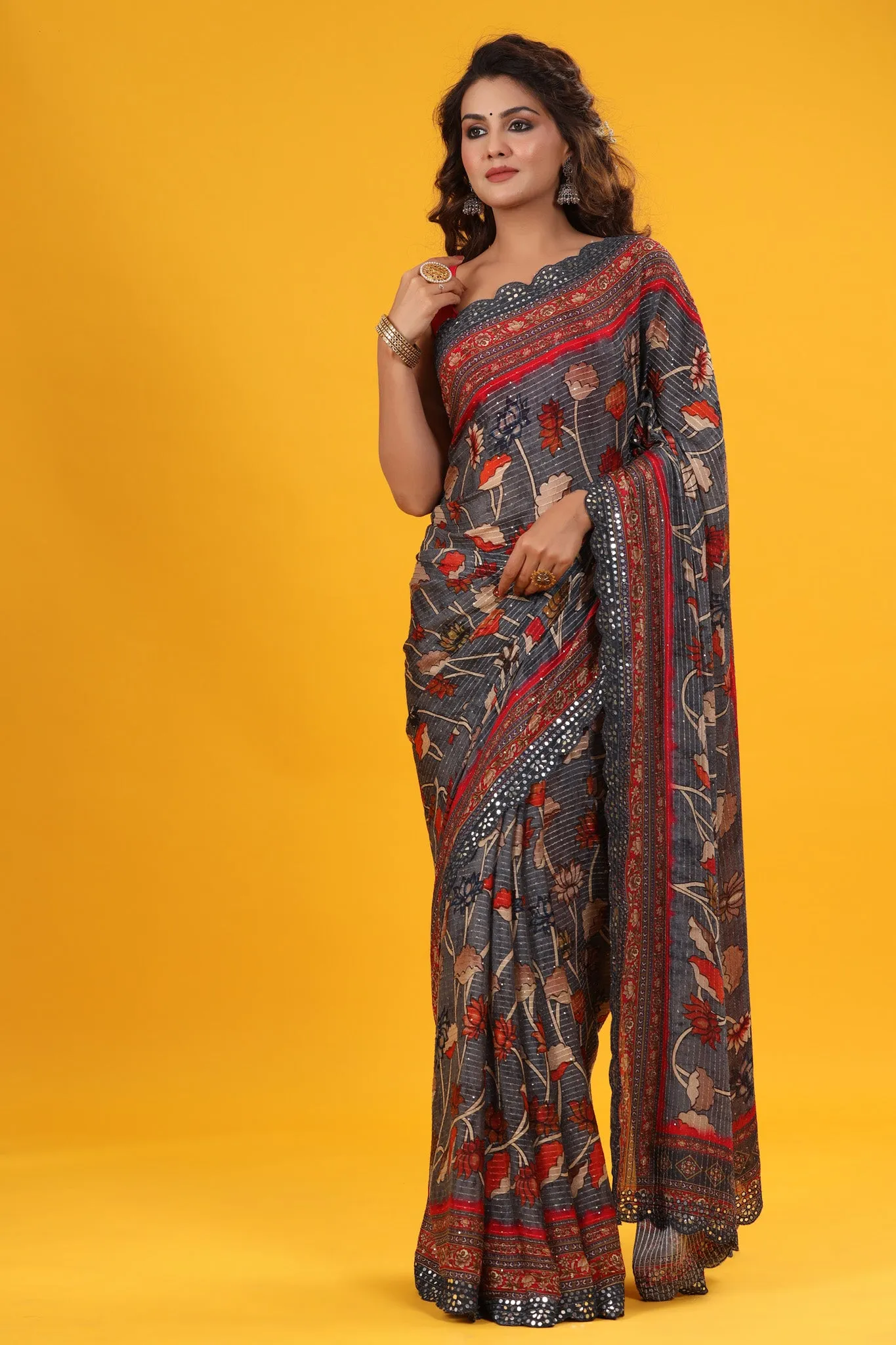 90Z607-RO Dark Grey Printed Embroidered Georgette Saree