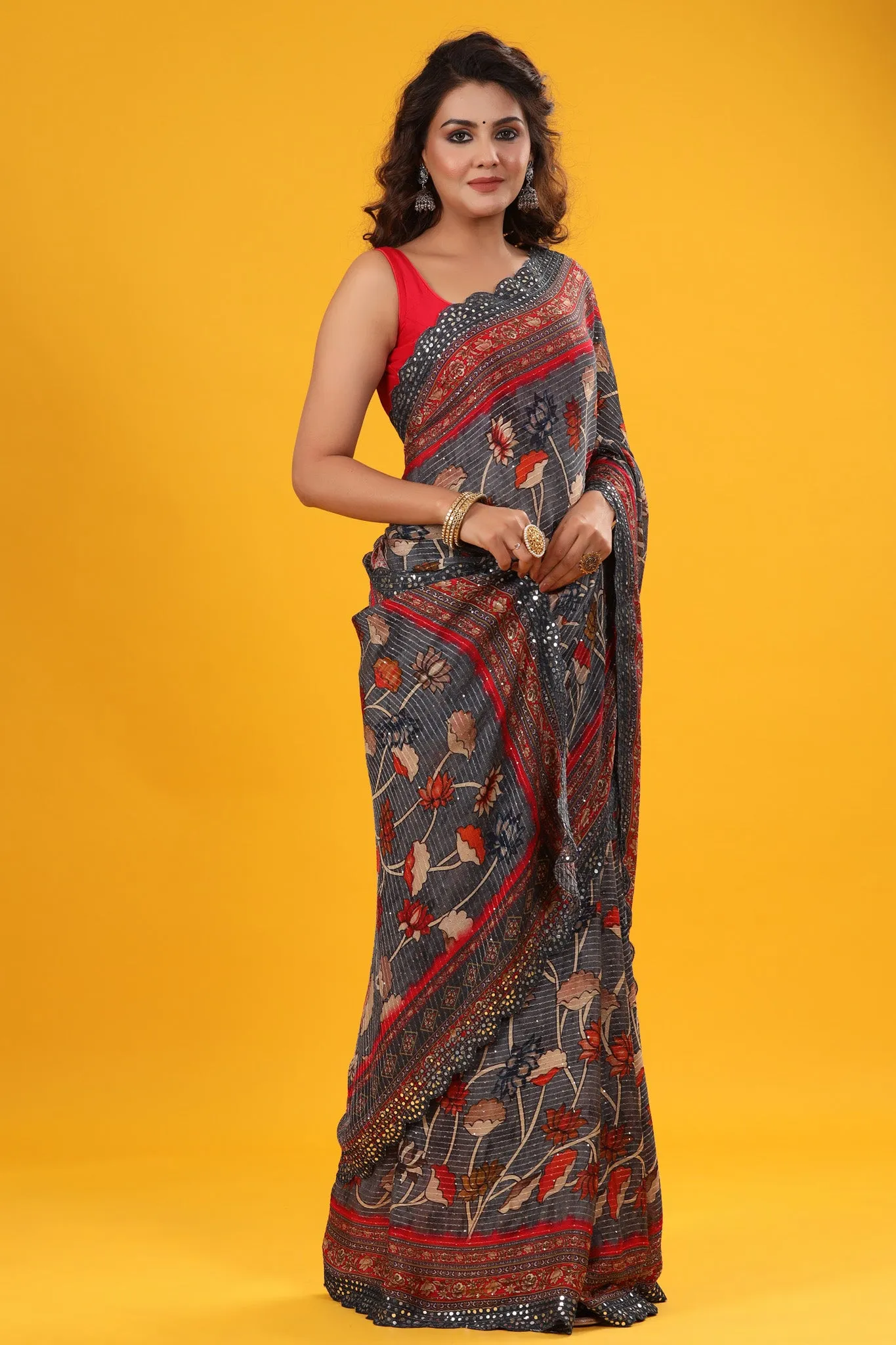 90Z607-RO Dark Grey Printed Embroidered Georgette Saree