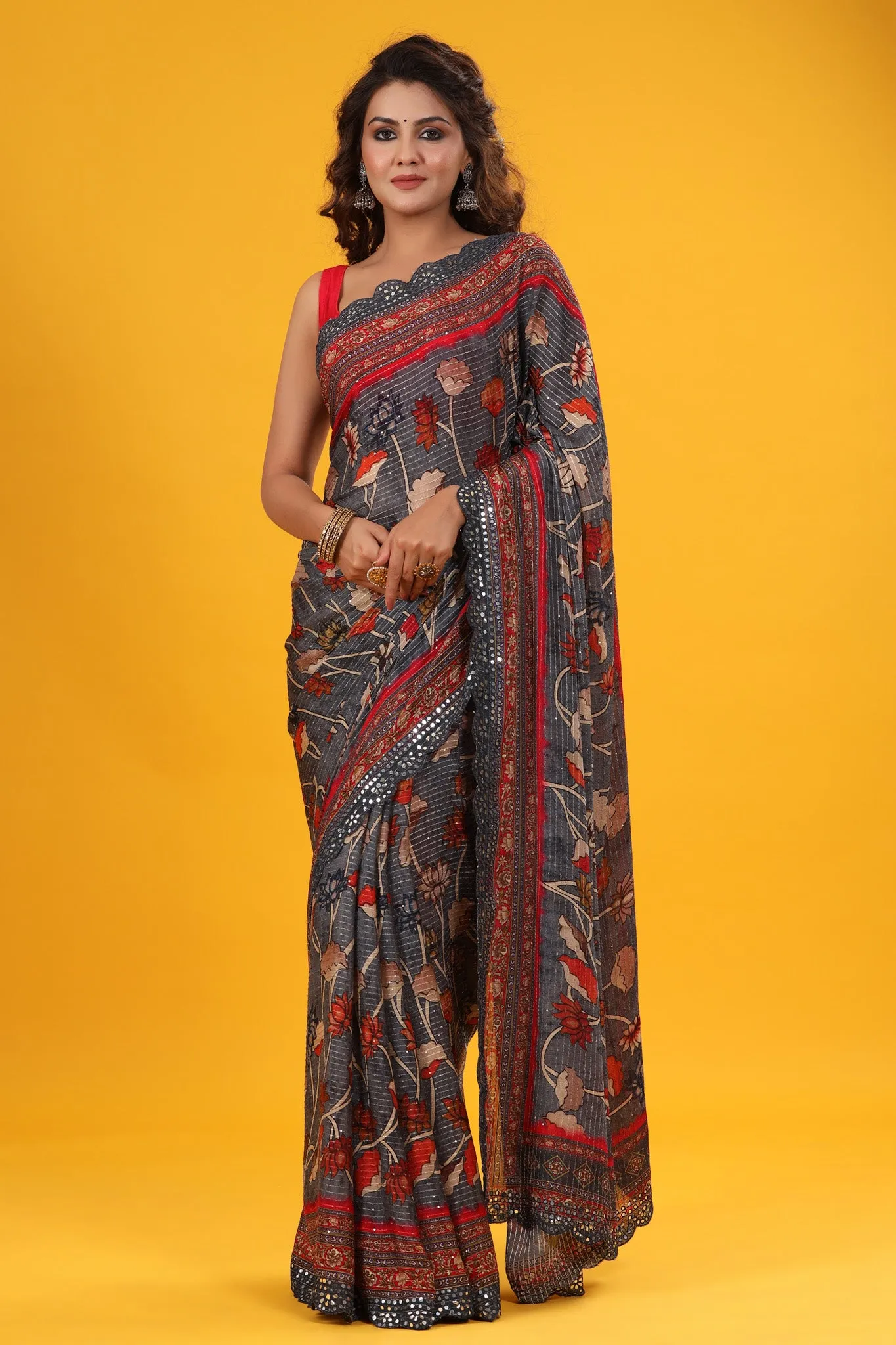 90Z607-RO Dark Grey Printed Embroidered Georgette Saree