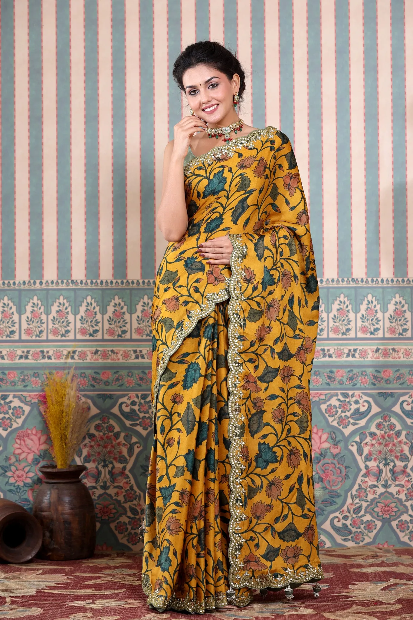 90Z611-NRO Yellow Printed Mulbery Silk Saree with Scalloped Border