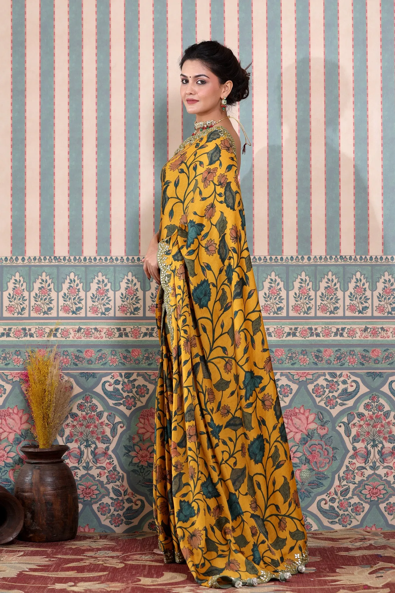 90Z611-NRO Yellow Printed Mulbery Silk Saree with Scalloped Border