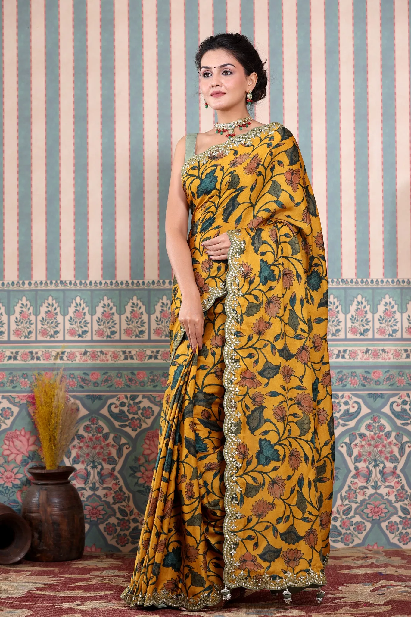 90Z611-NRO Yellow Printed Mulbery Silk Saree with Scalloped Border