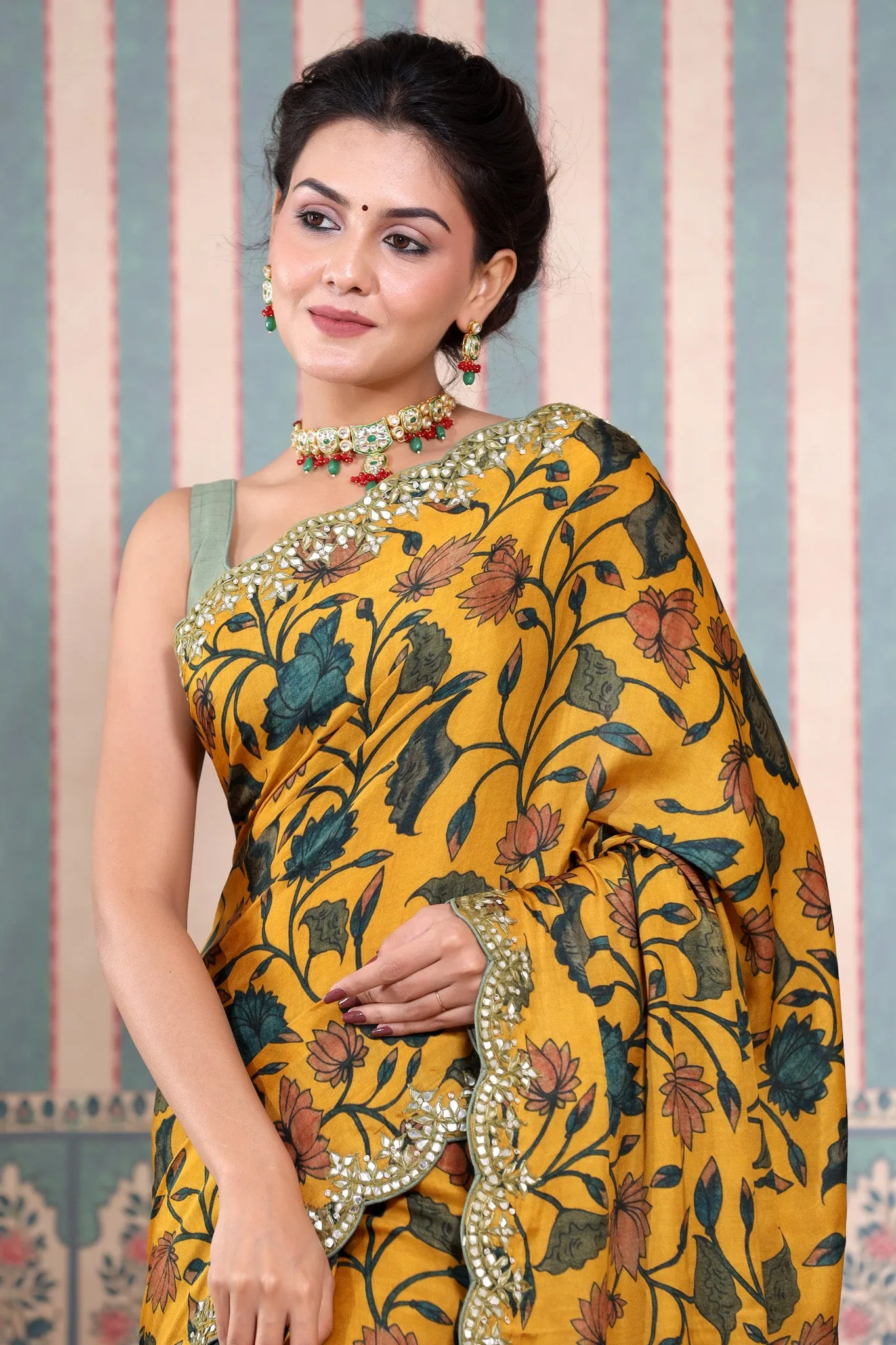 90Z611-NRO Yellow Printed Mulbery Silk Saree with Scalloped Border