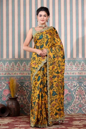 90Z611-NRO Yellow Printed Mulbery Silk Saree with Scalloped Border