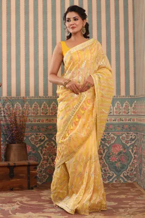 90Z632-RO Pink and Yellow Organza Saree with Gota Work