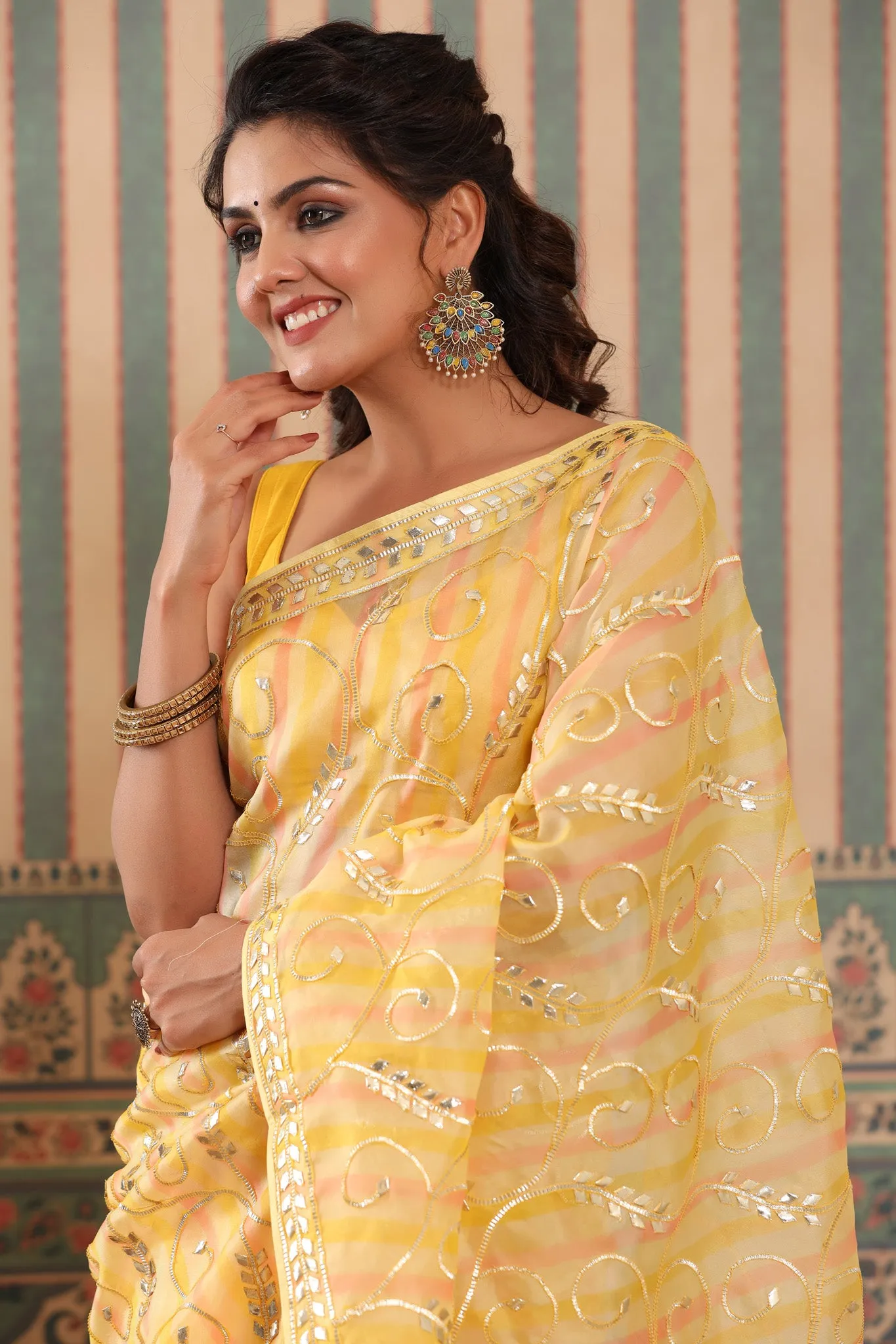 90Z632-RO Pink and Yellow Organza Saree with Gota Work