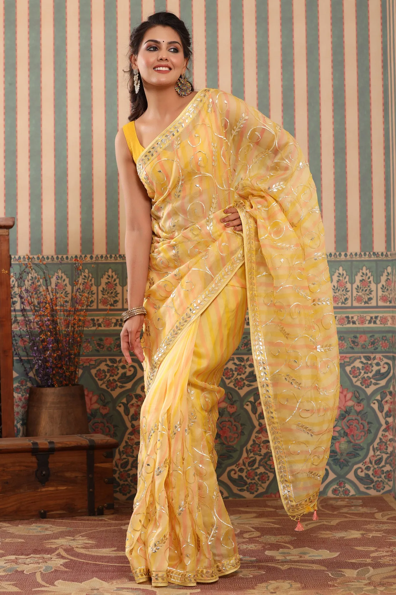 90Z632-RO Pink and Yellow Organza Saree with Gota Work