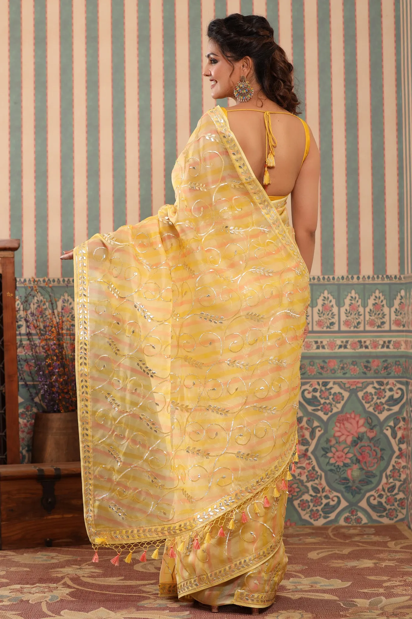 90Z632-RO Pink and Yellow Organza Saree with Gota Work