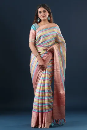 90Z647-RO Pastel Multicolor Stripes Linen Saree with Zari Border