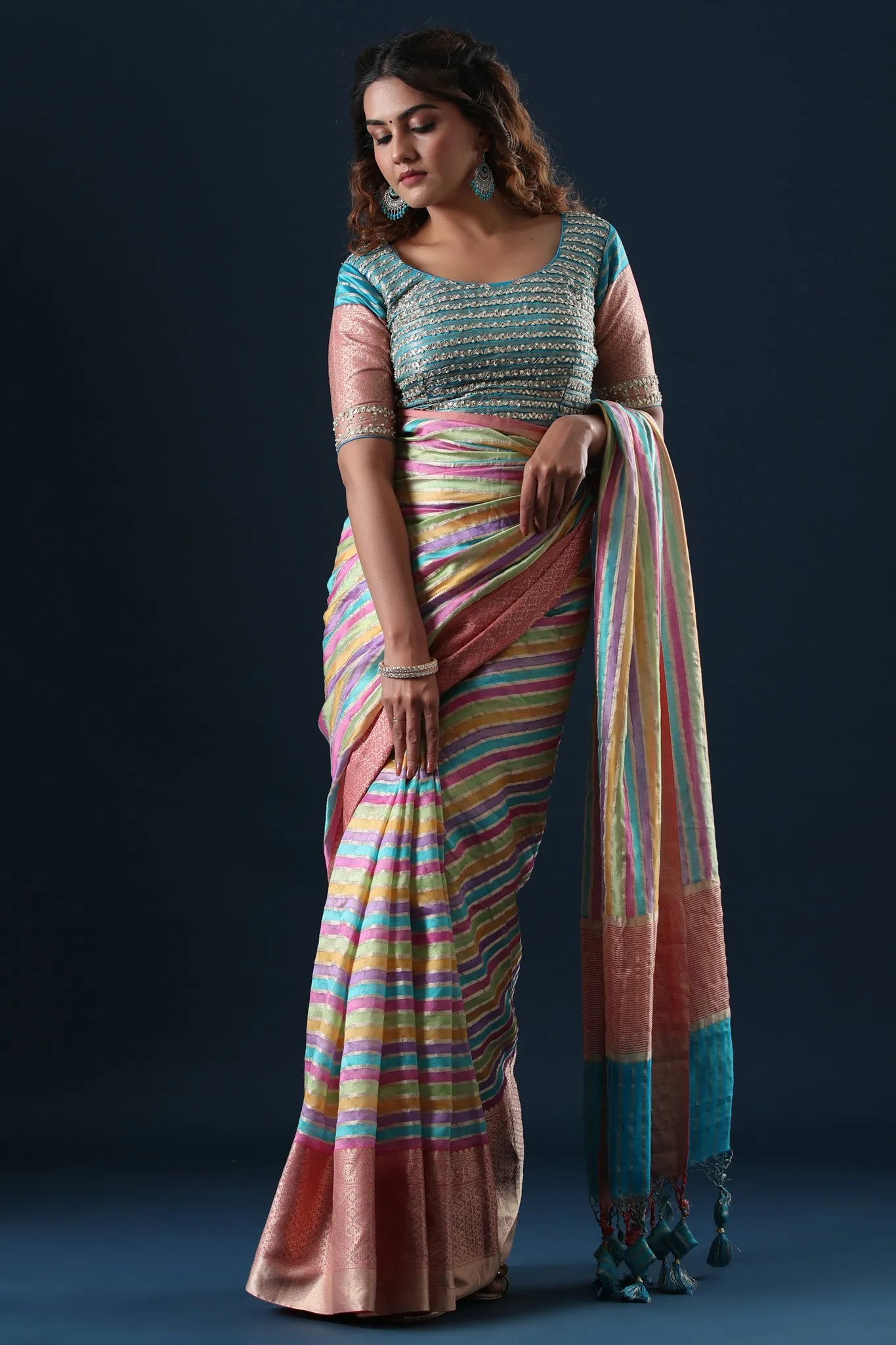 90Z647-RO Pastel Multicolor Stripes Linen Saree with Zari Border