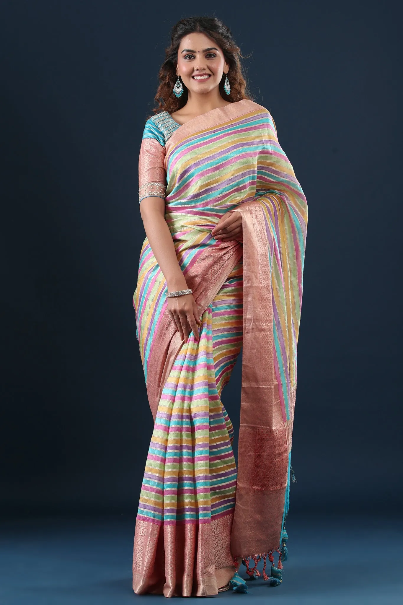 90Z647-RO Pastel Multicolor Stripes Linen Saree with Zari Border