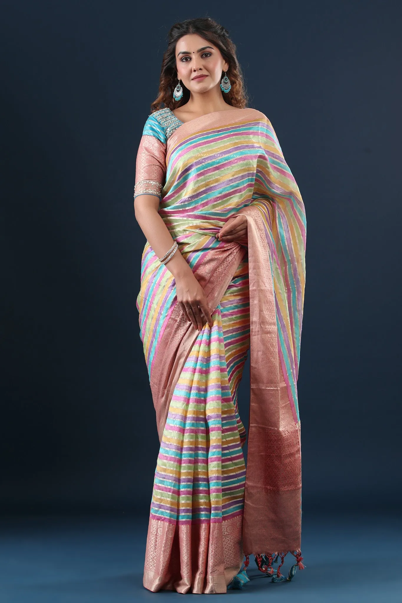 90Z647-RO Pastel Multicolor Stripes Linen Saree with Zari Border