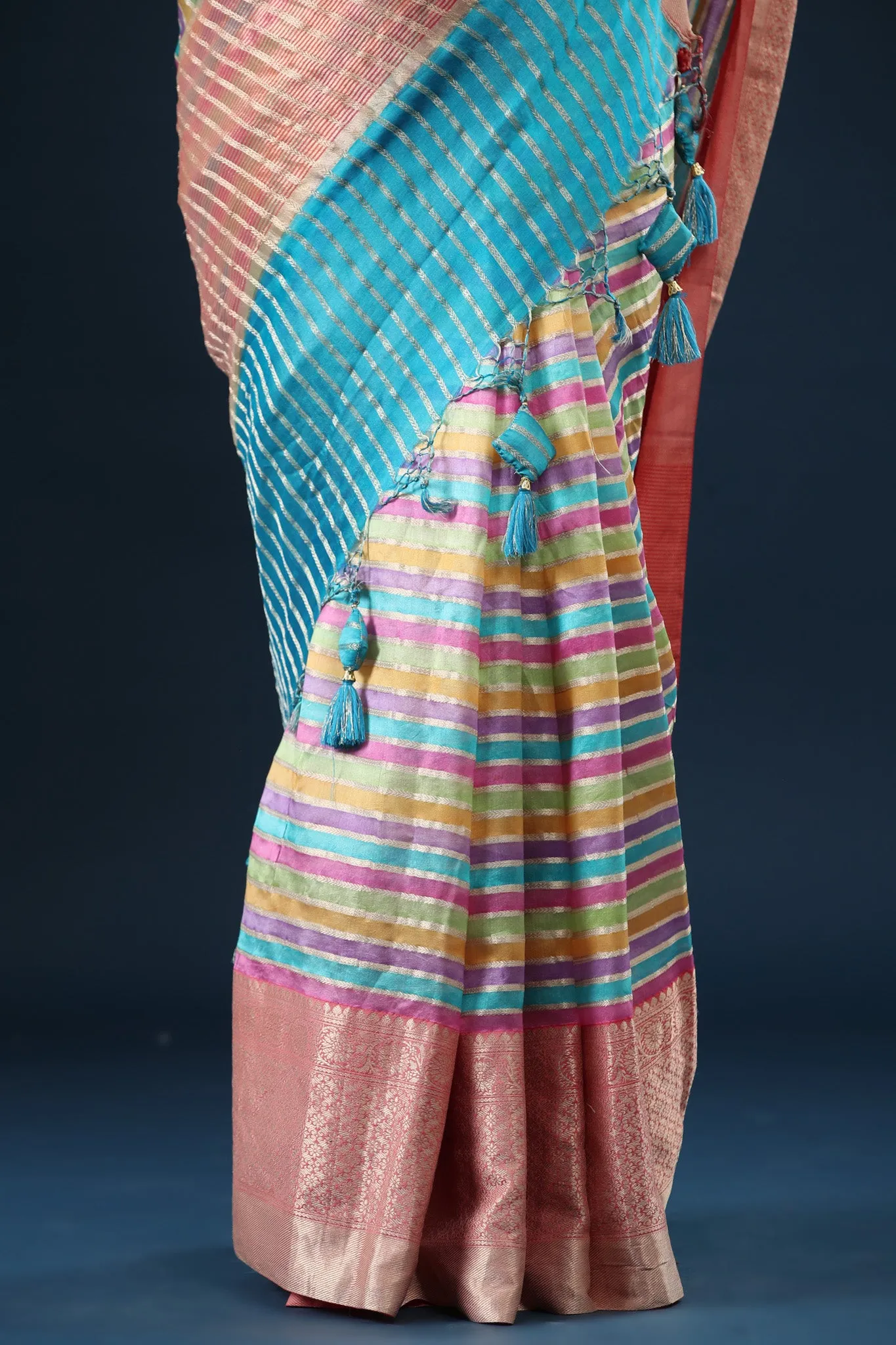 90Z647-RO Pastel Multicolor Stripes Linen Saree with Zari Border