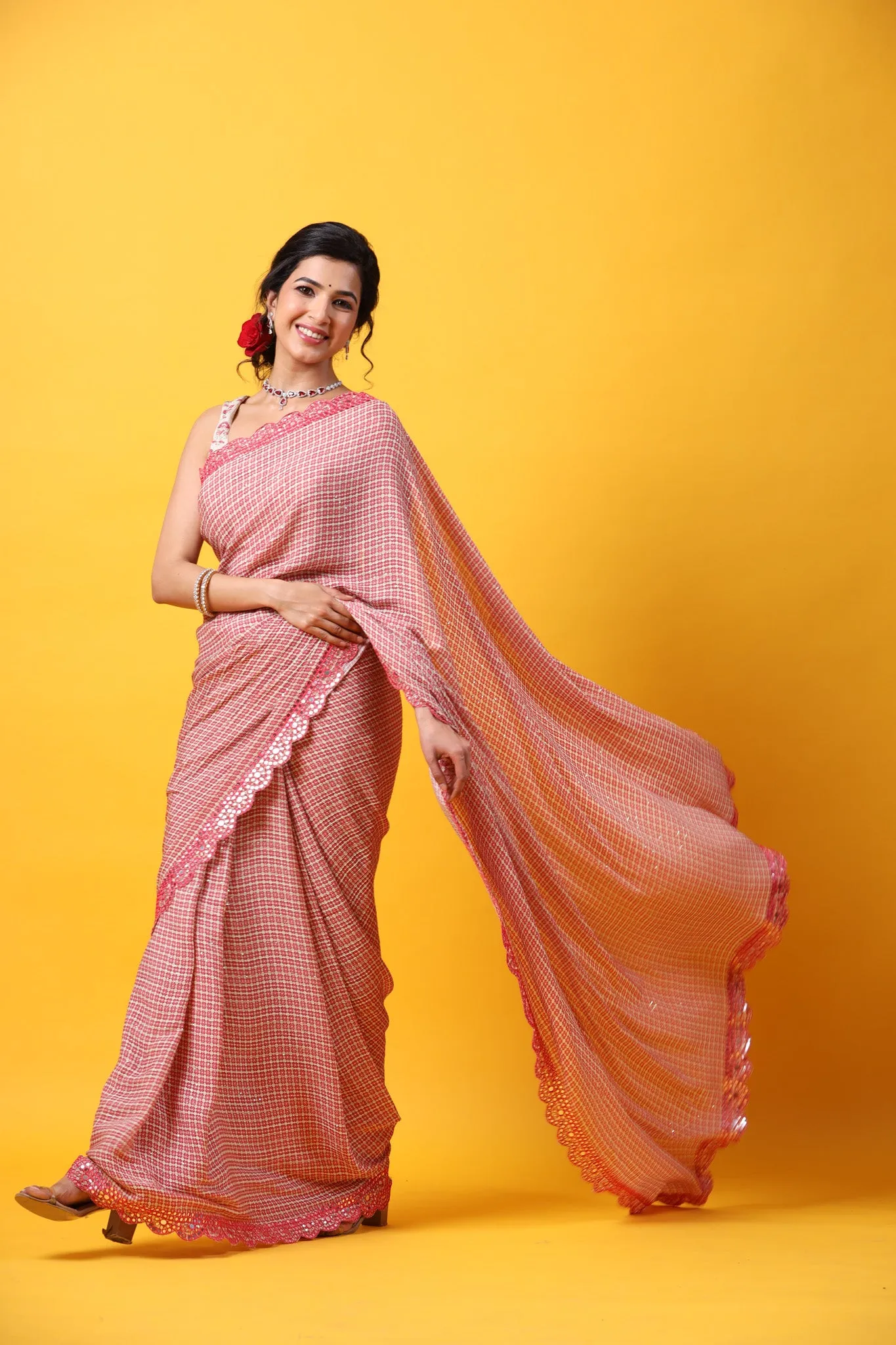 90Z690-RO Red Printed Georgette Saree with Scalloped Border