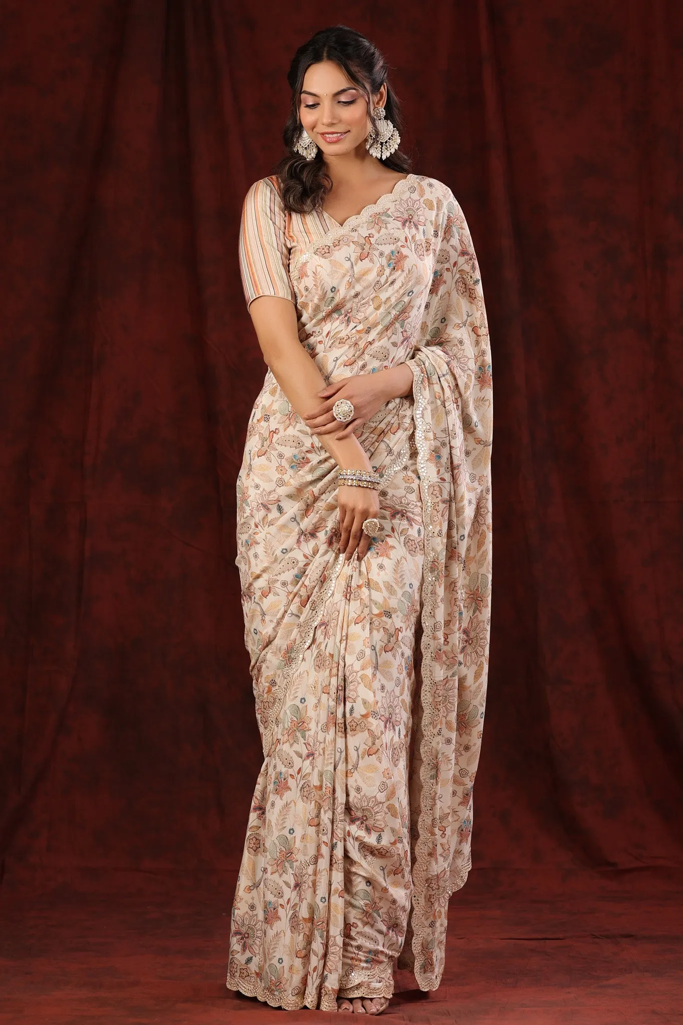 90Z699-RO Cream Floral Print Embroidered Crepe Georgette Saree