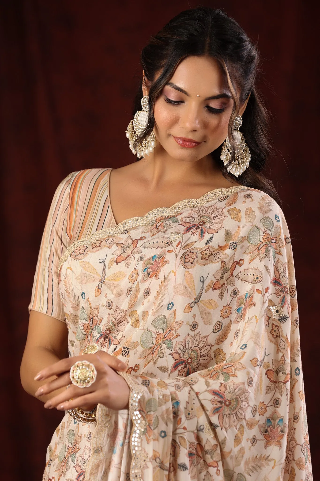 90Z699-RO Cream Floral Print Embroidered Crepe Georgette Saree