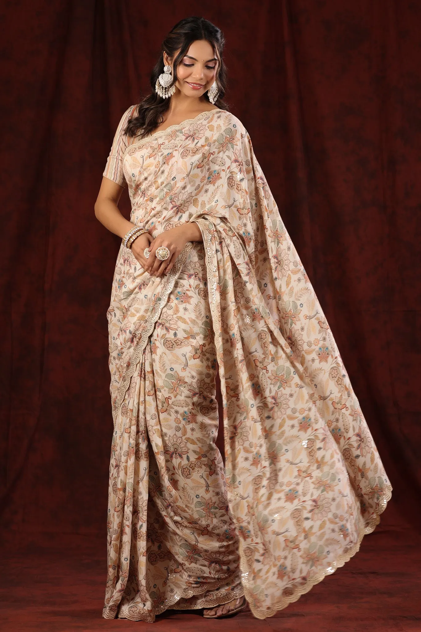 90Z699-RO Cream Floral Print Embroidered Crepe Georgette Saree