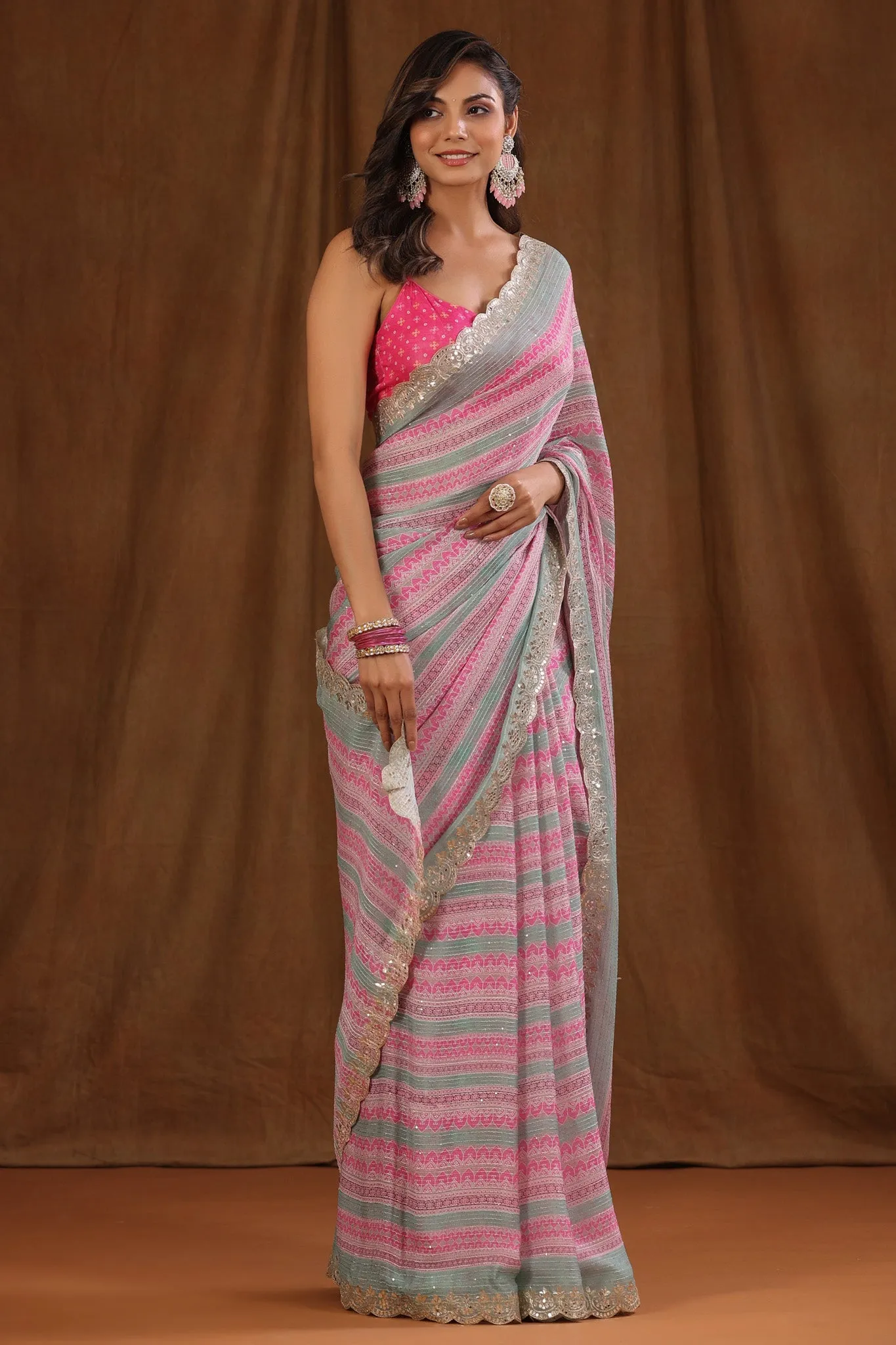 90Z711-NRO Light Pink and Green Crepe Saree with Embroidered Border