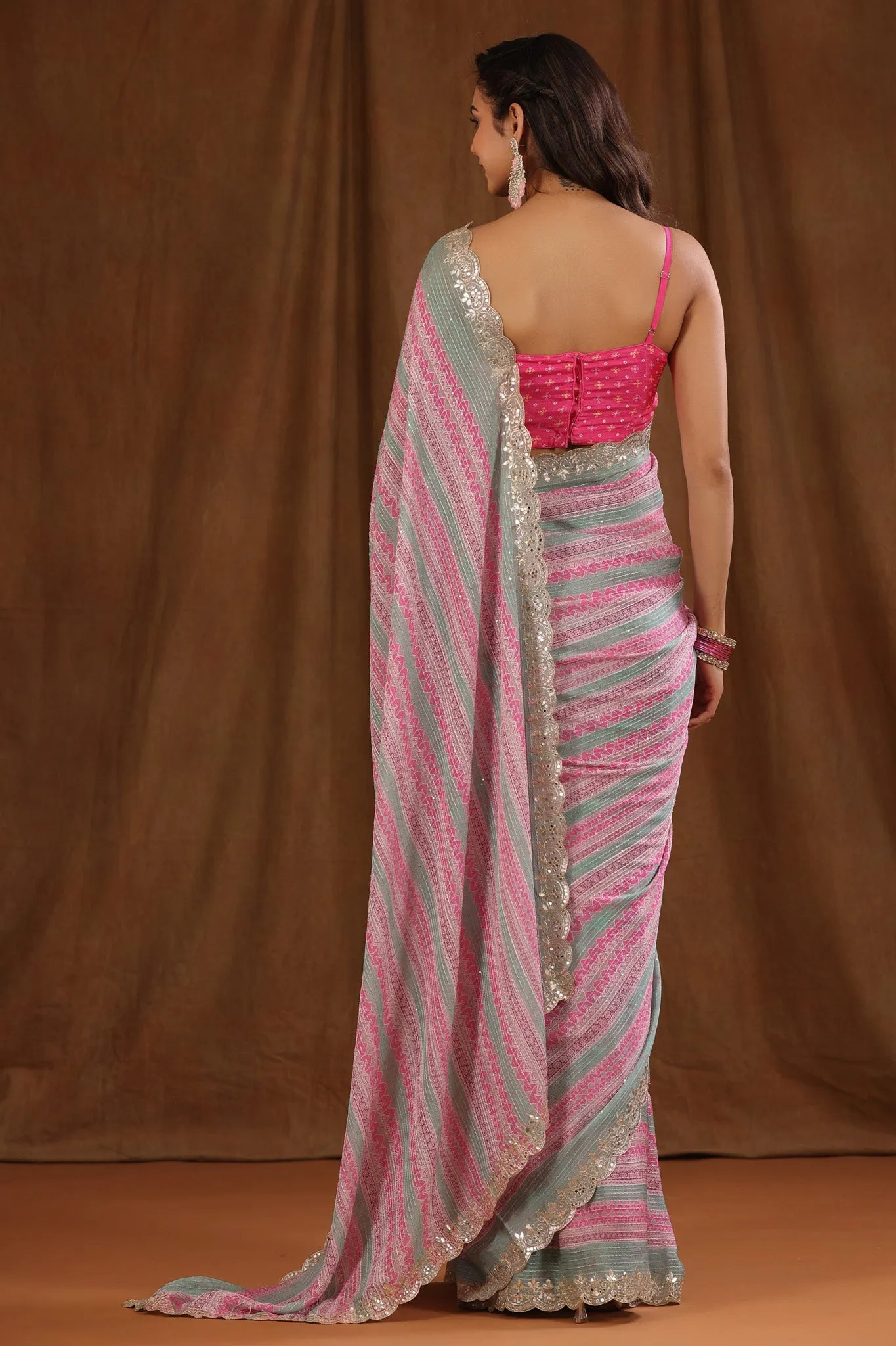 90Z711-NRO Light Pink and Green Crepe Saree with Embroidered Border