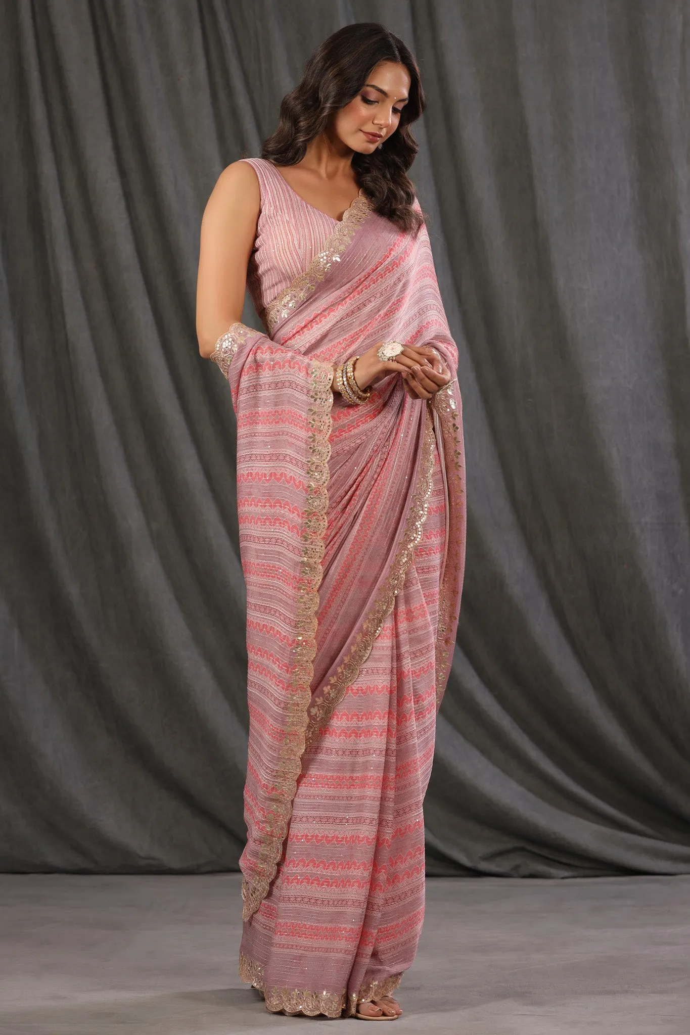 90Z712-NRO Light Pink and Lavender Crepe Saree with Embroidered Border