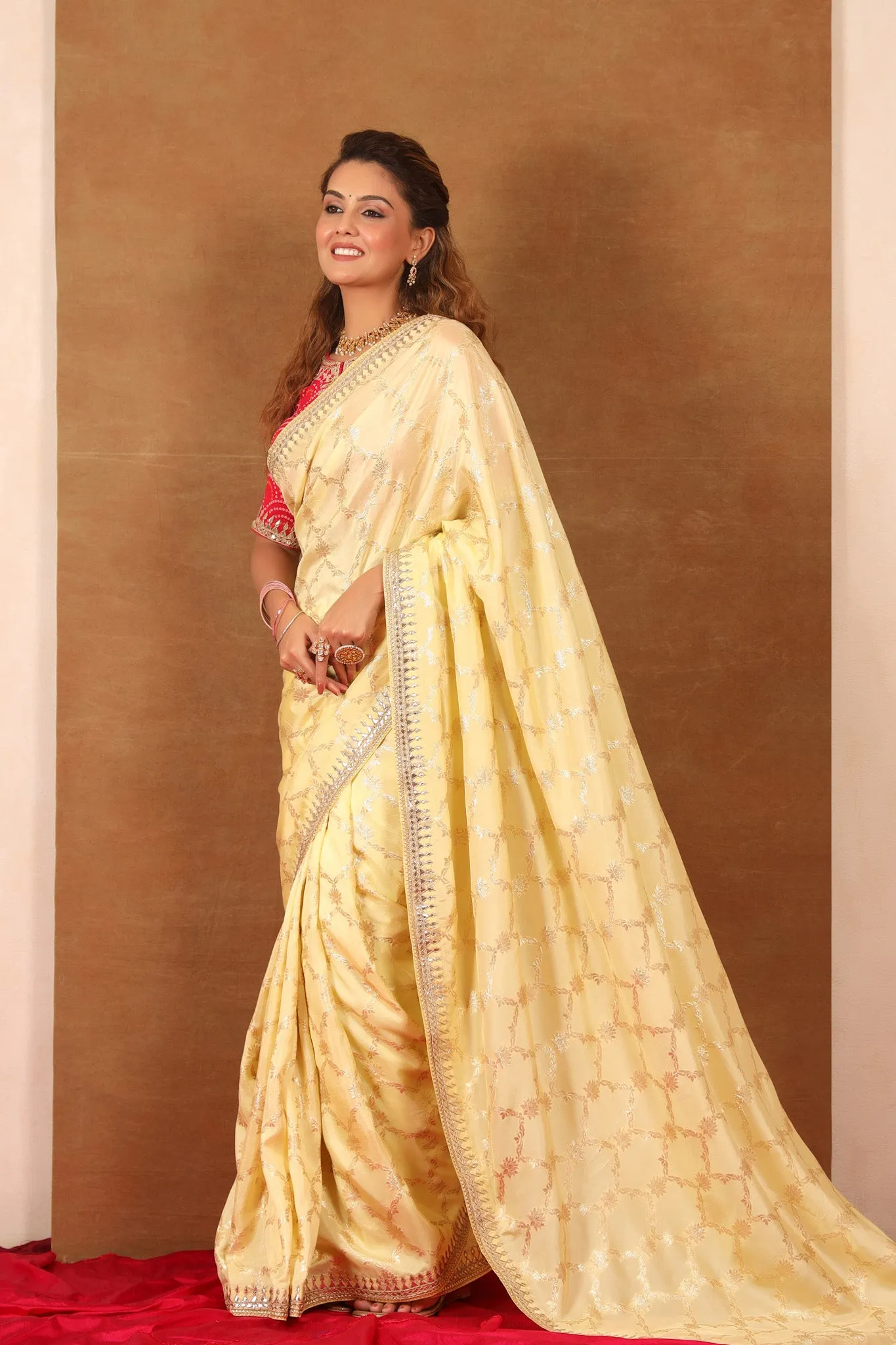 90Z717-NRO Light Yellow Embroidered Banarasi Khaddi Sari with Blouse