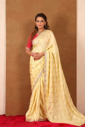 90Z717-NRO Light Yellow Embroidered Banarasi Khaddi Sari with Blouse