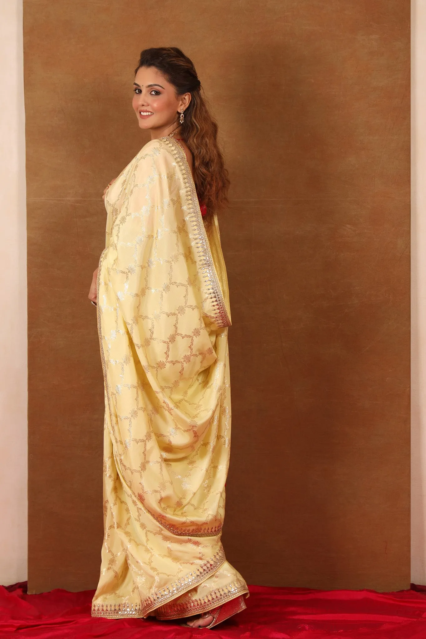 90Z717-NRO Light Yellow Embroidered Banarasi Khaddi Sari with Blouse