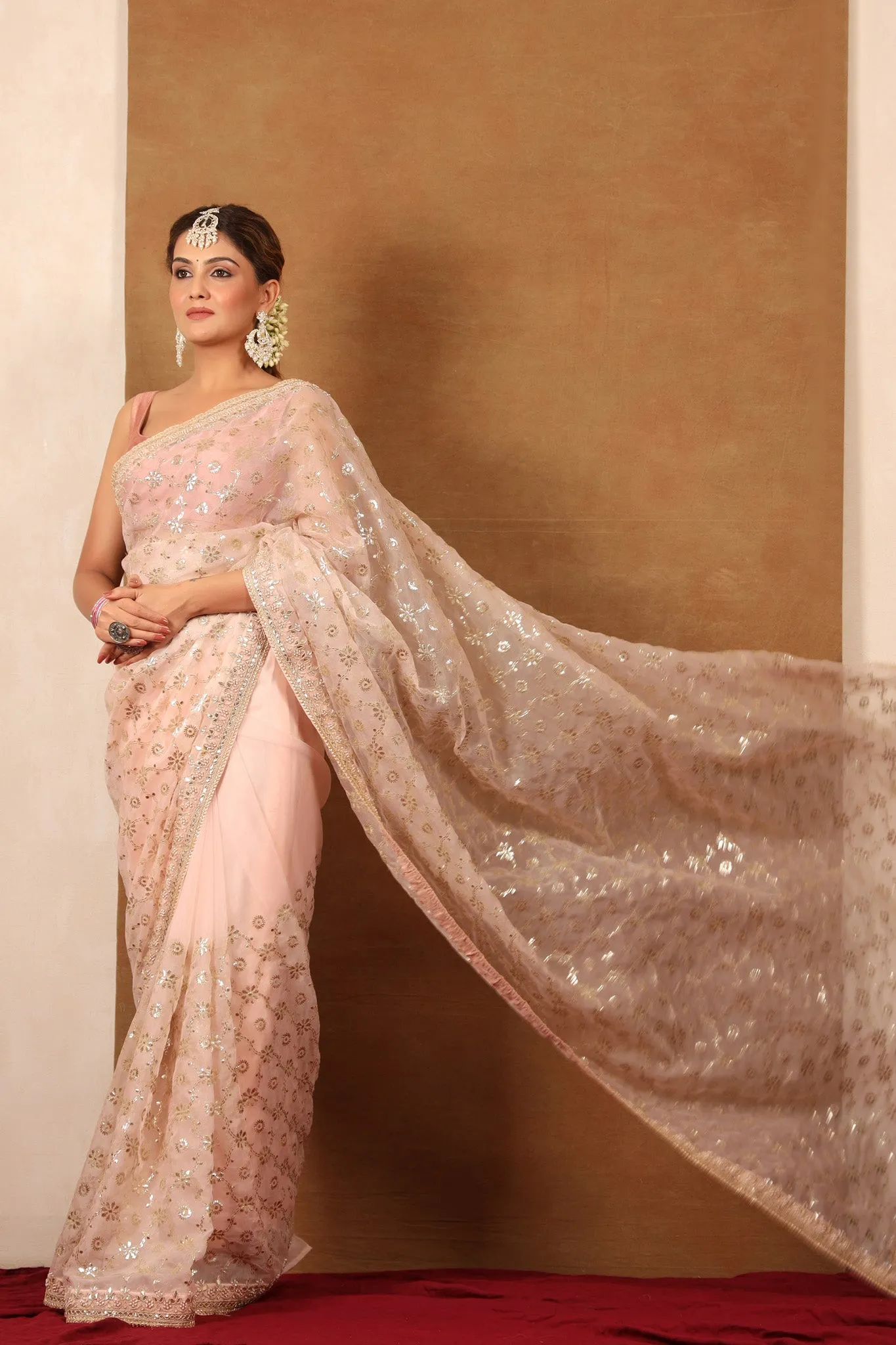 90Z721-NRO Powder Pink Embroidered Organza Silk Saree