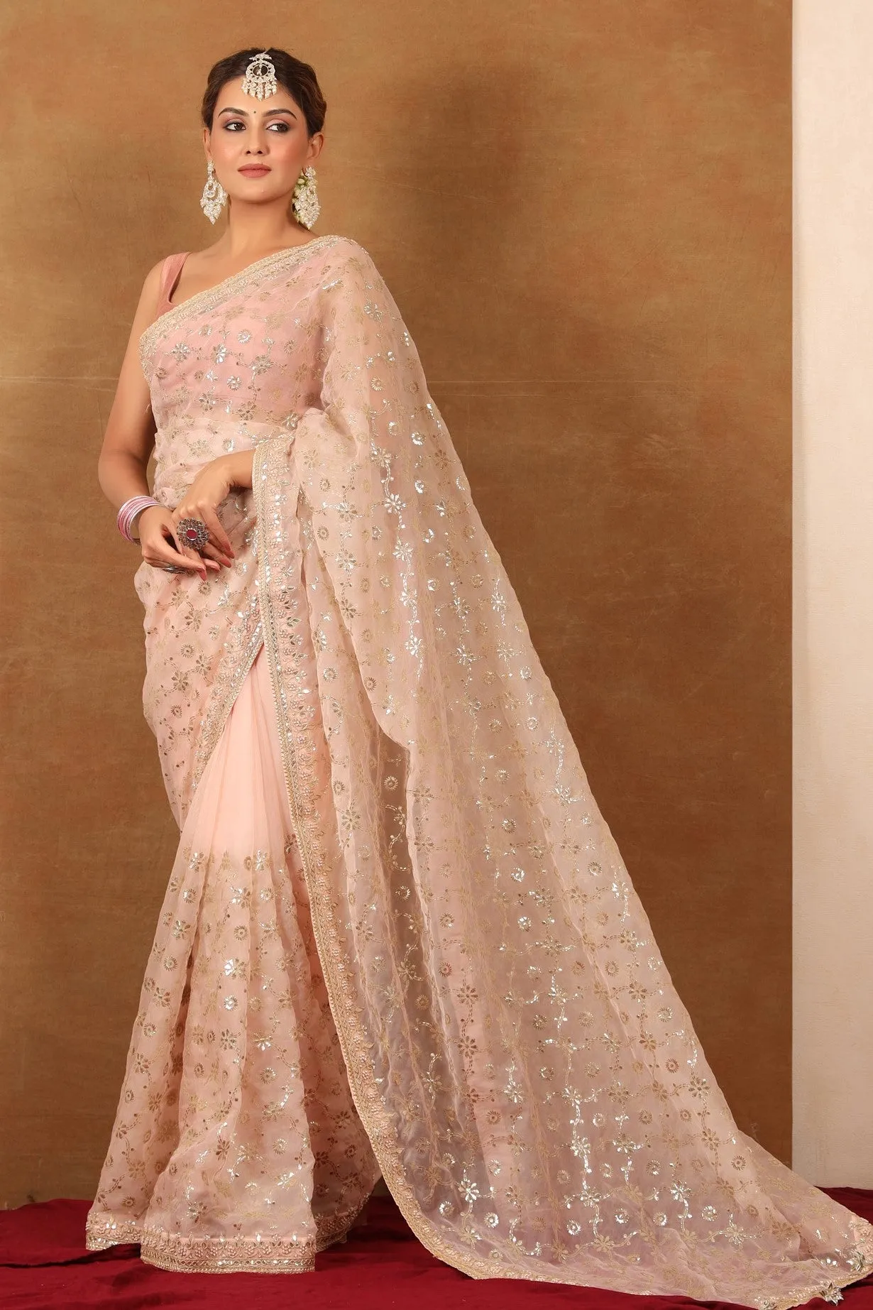 90Z721-NRO Powder Pink Embroidered Organza Silk Saree