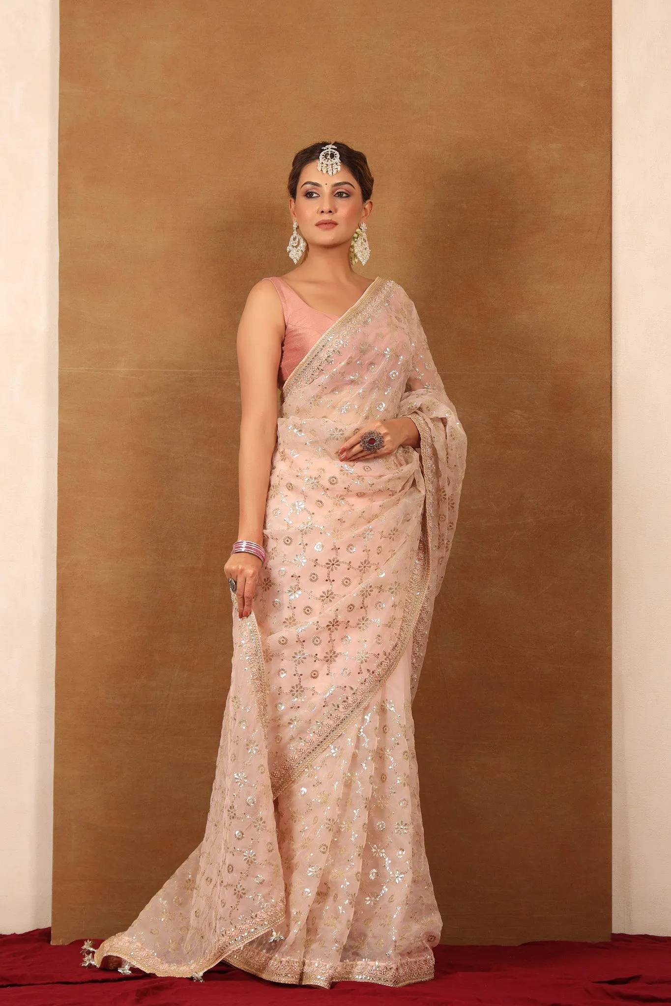 90Z721-NRO Powder Pink Embroidered Organza Silk Saree