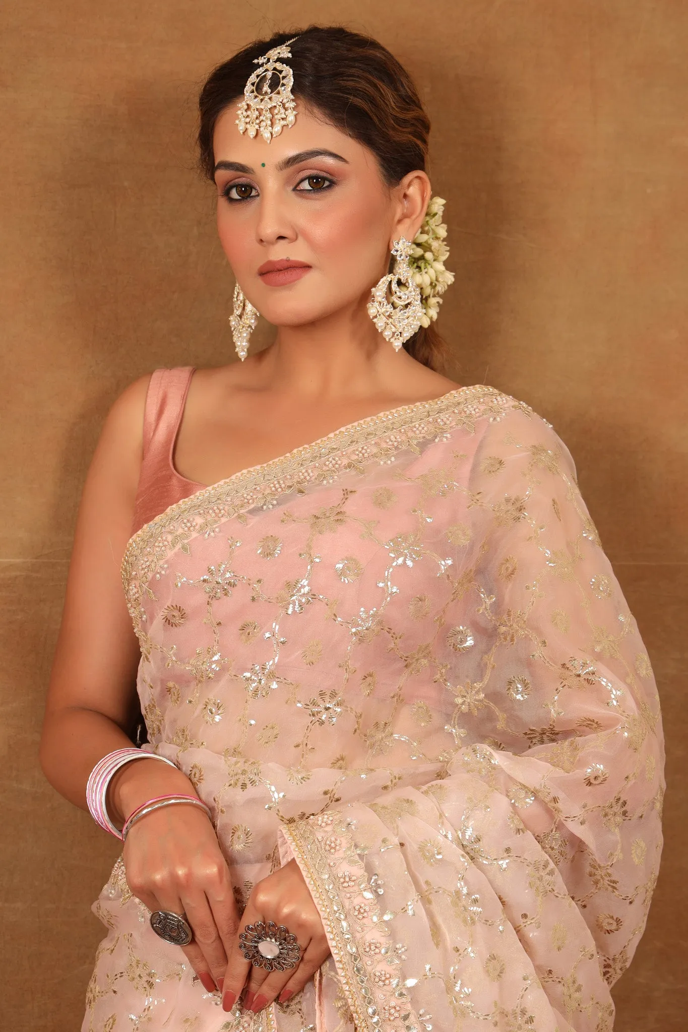 90Z721-NRO Powder Pink Embroidered Organza Silk Saree