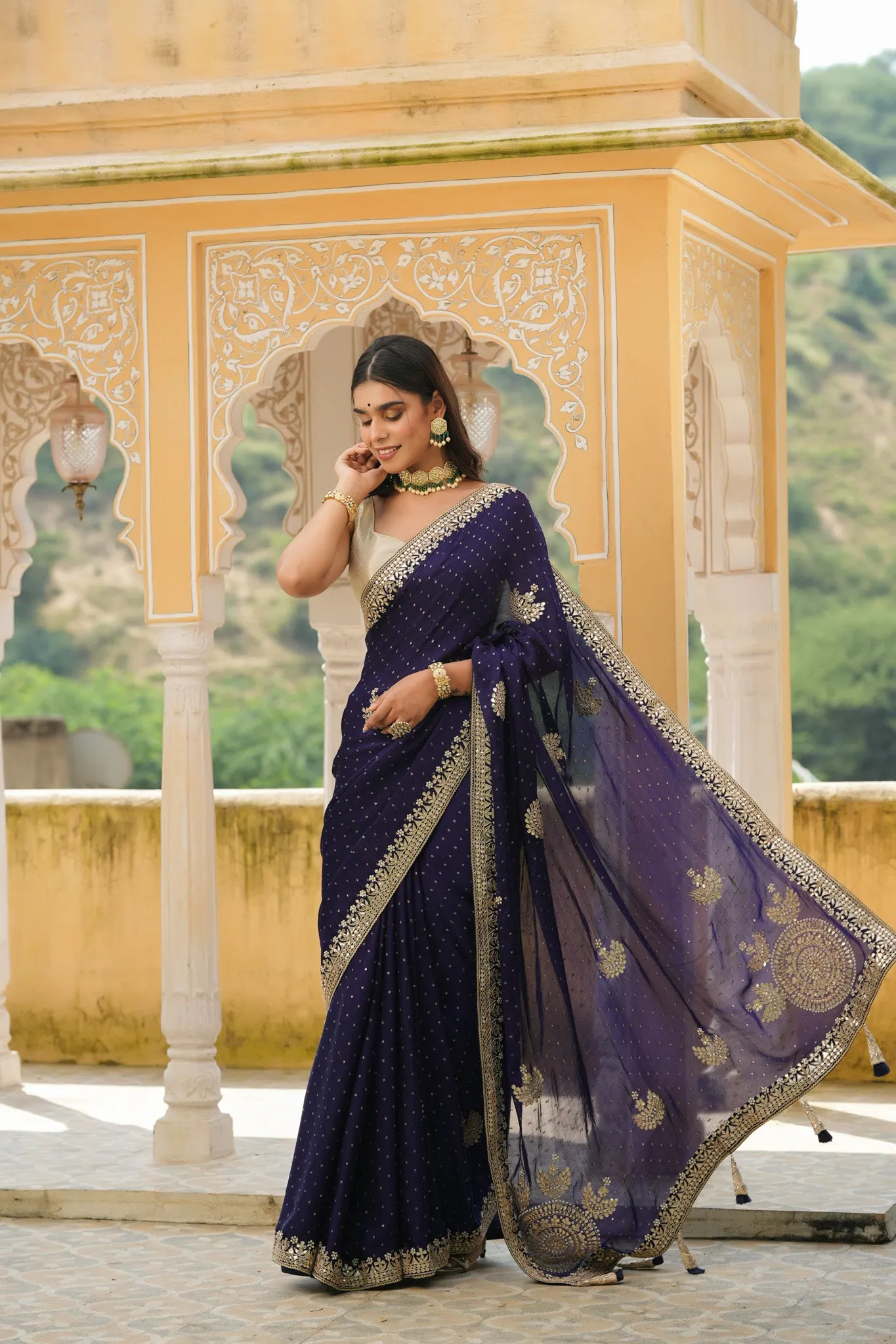 90Z739-NRO Navy Blue Embroidered Tussar Georgette Saree