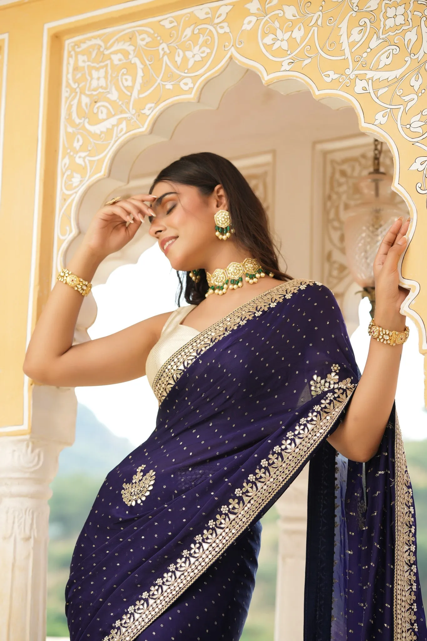 90Z739-NRO Navy Blue Embroidered Tussar Georgette Saree