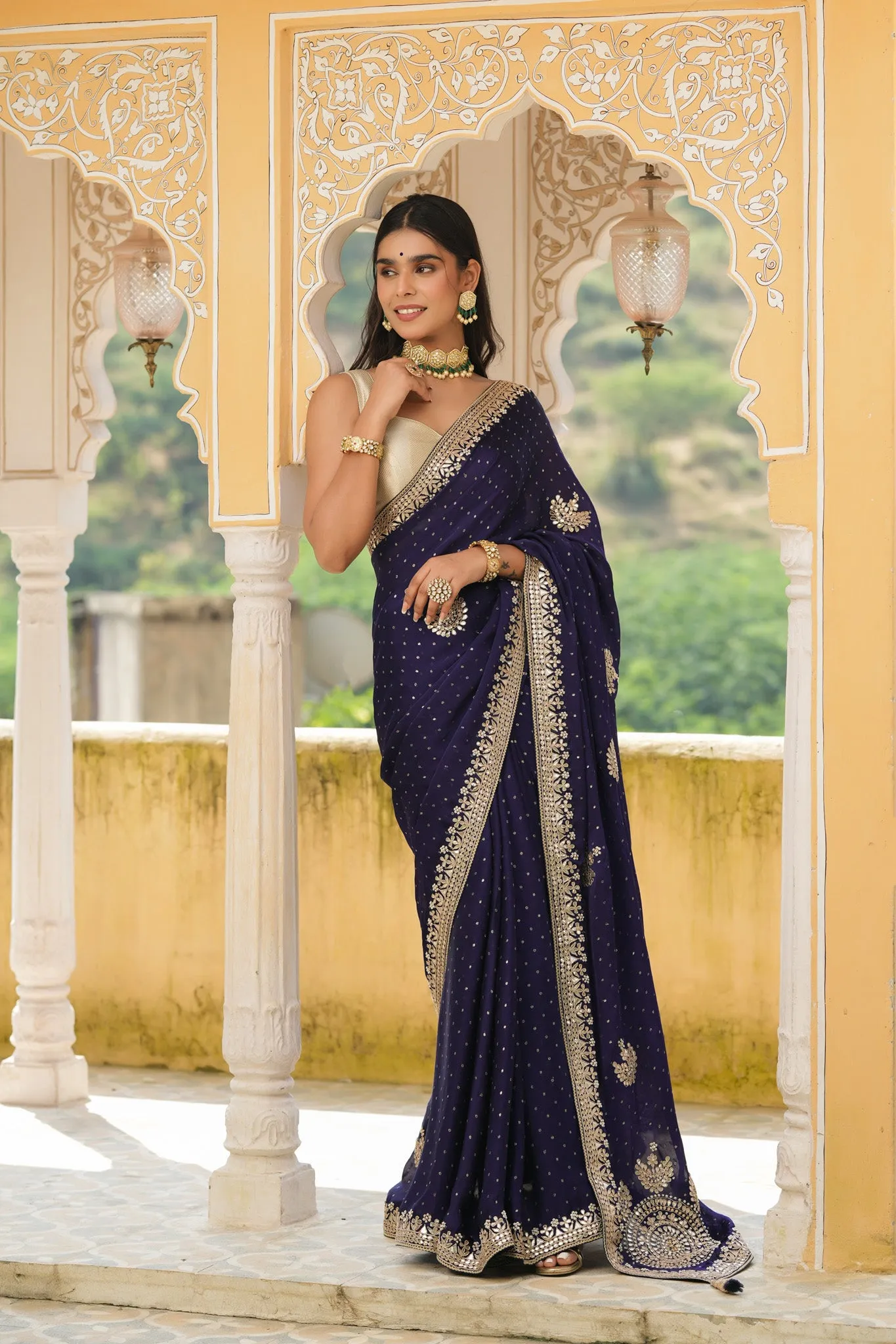 90Z739-NRO Navy Blue Embroidered Tussar Georgette Saree