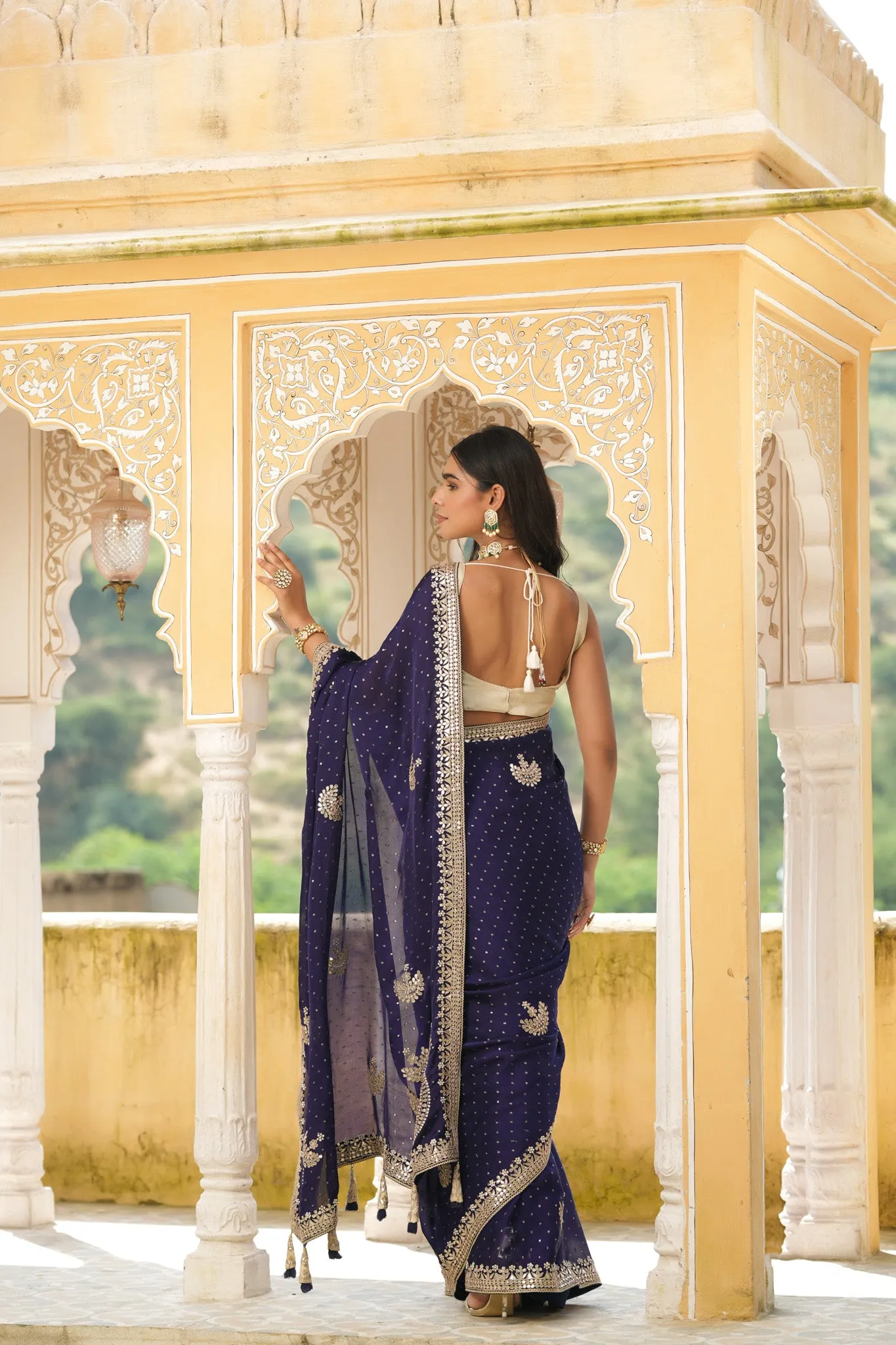 90Z739-NRO Navy Blue Embroidered Tussar Georgette Saree